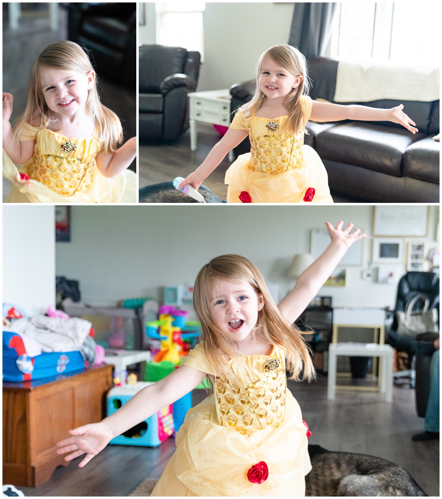 playing dress up with princess belle costume- Lifestyle Family Session