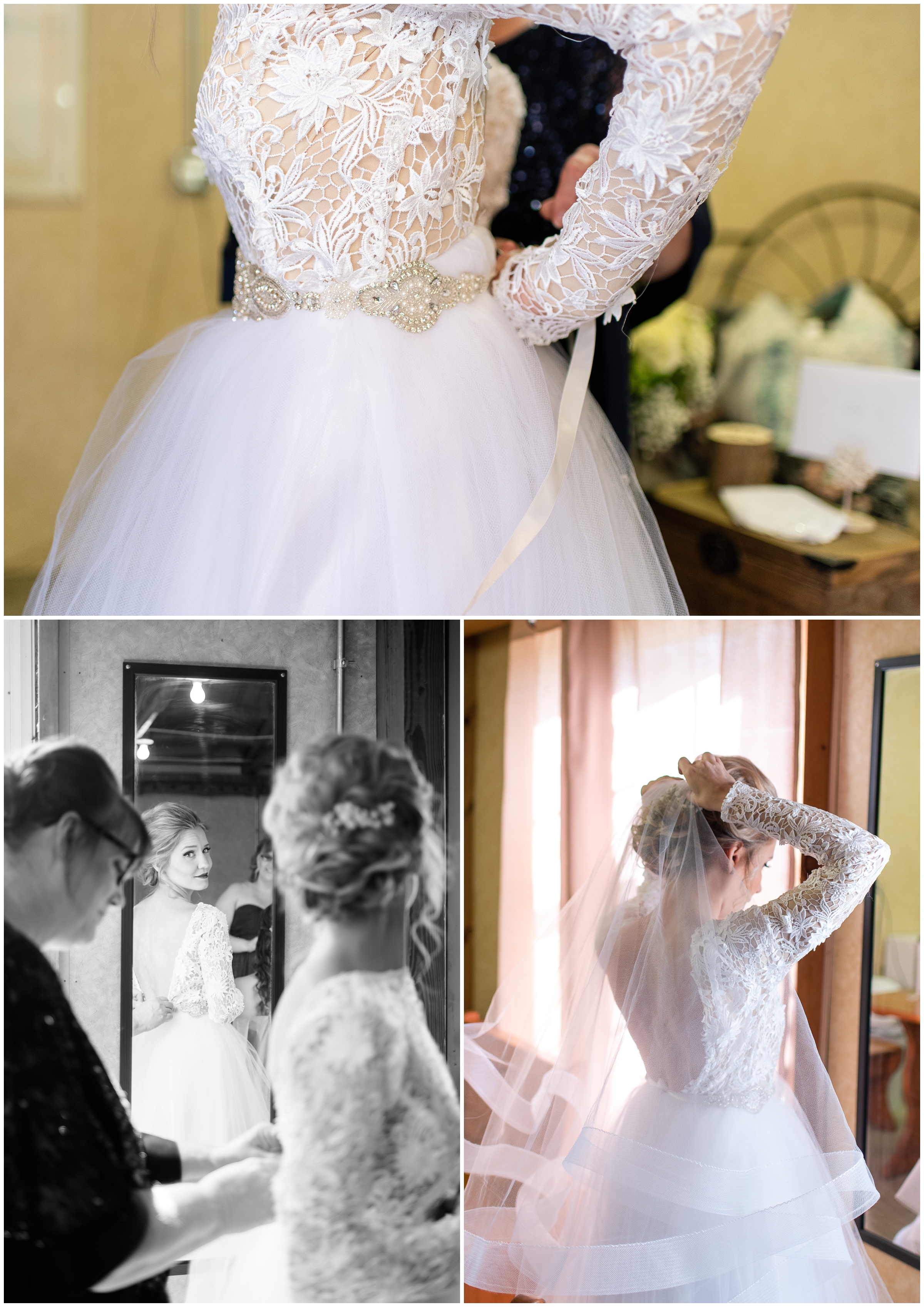 Buck Lake Ranch Wedding - Bride putting on dress