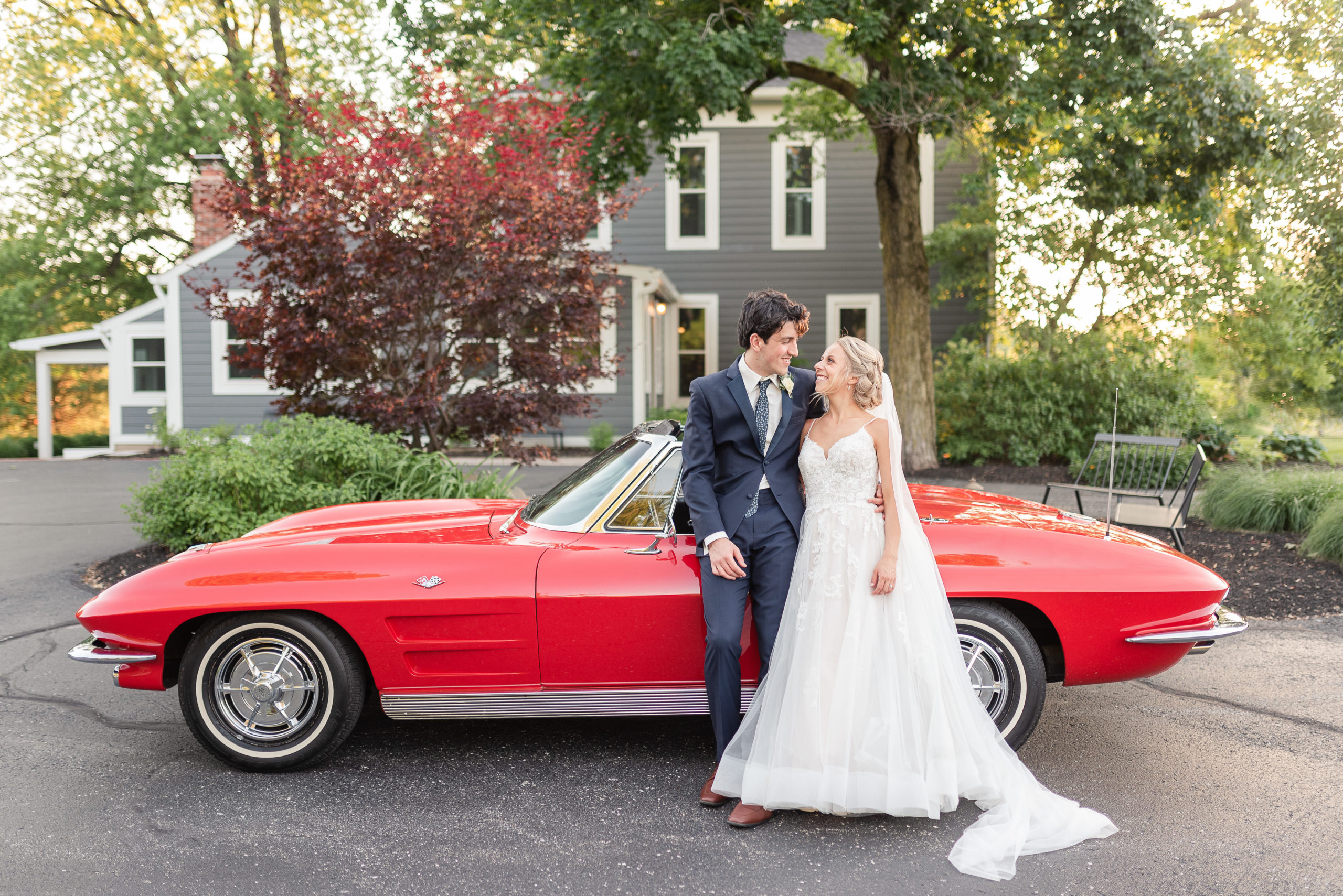 1963 Red Corvette Wedding Photos at Mustard Seed Gardens in Noblesville, IN
