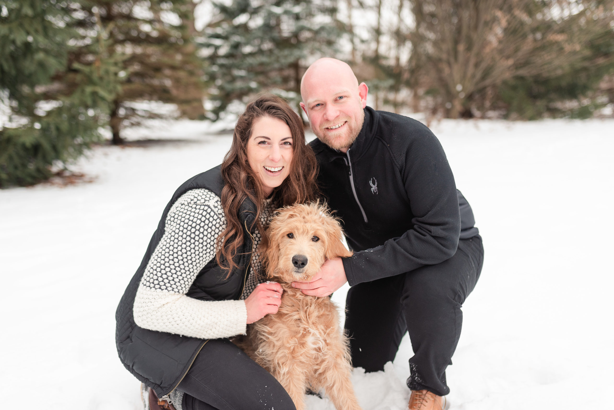 Winter Engagement Session with golden doodle dog at Notre Dame in Indiana