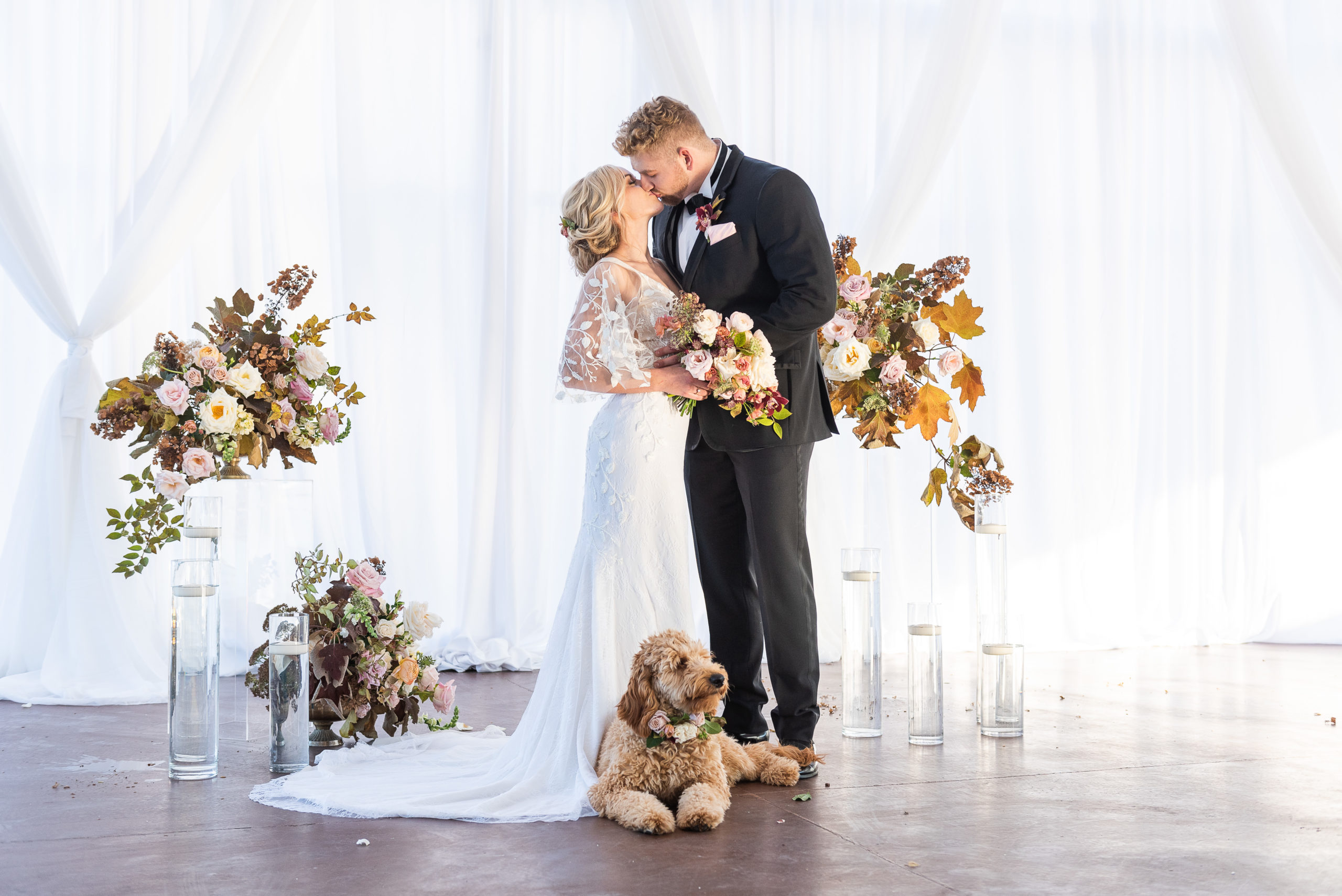 Bride and Groom kissing with a puppy at their feet at the Ritz Charles Garden Pavilion