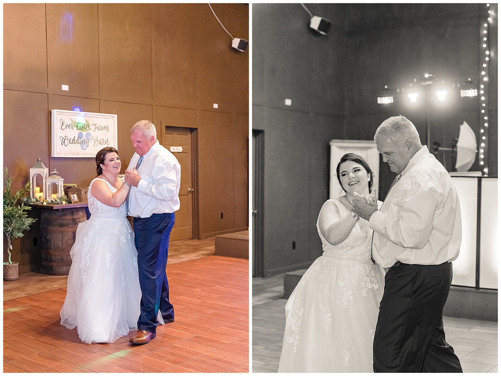 The bride is laughing during her Father daughter dance 