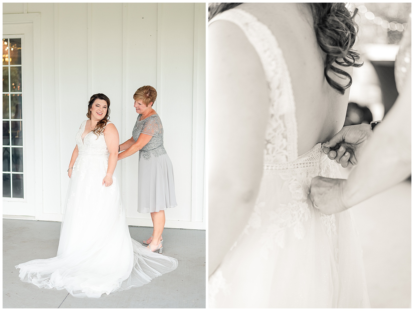 The bride putting on her wedding dress with the help of her mother 