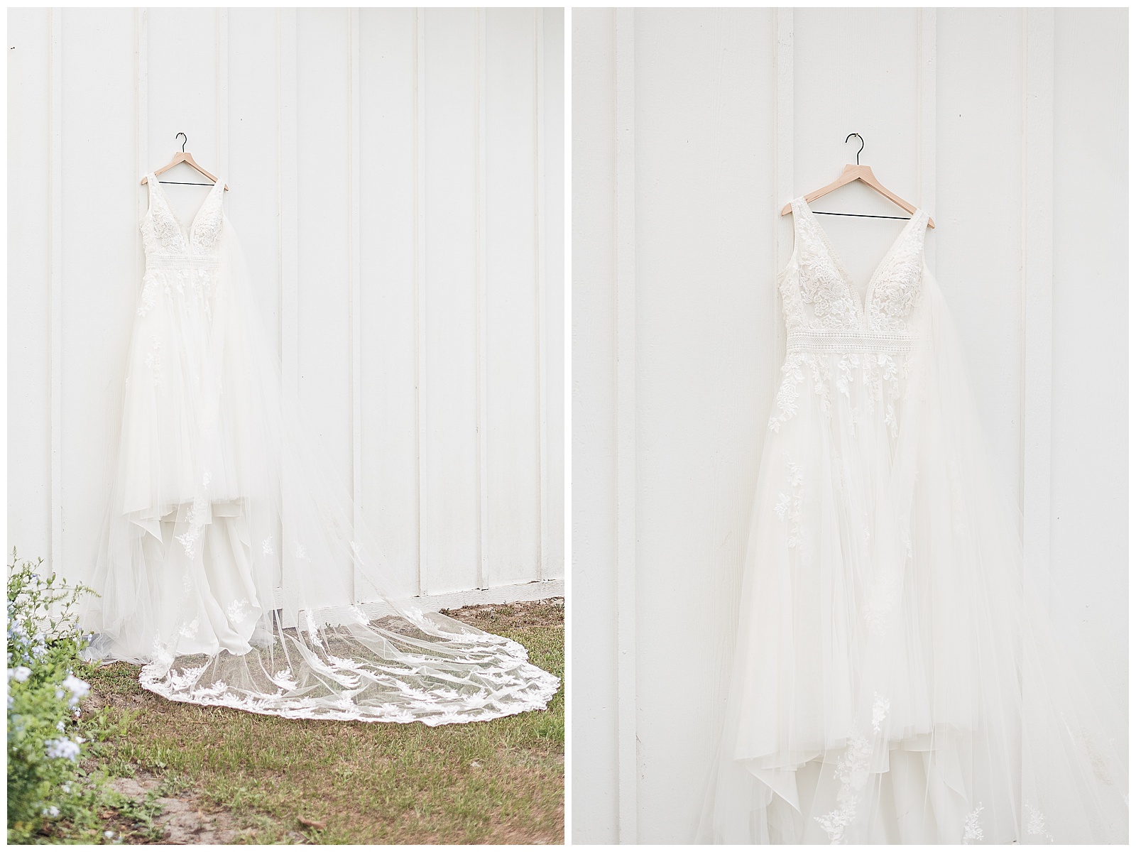 Brides wedding dress hanging on the side of the white barn 