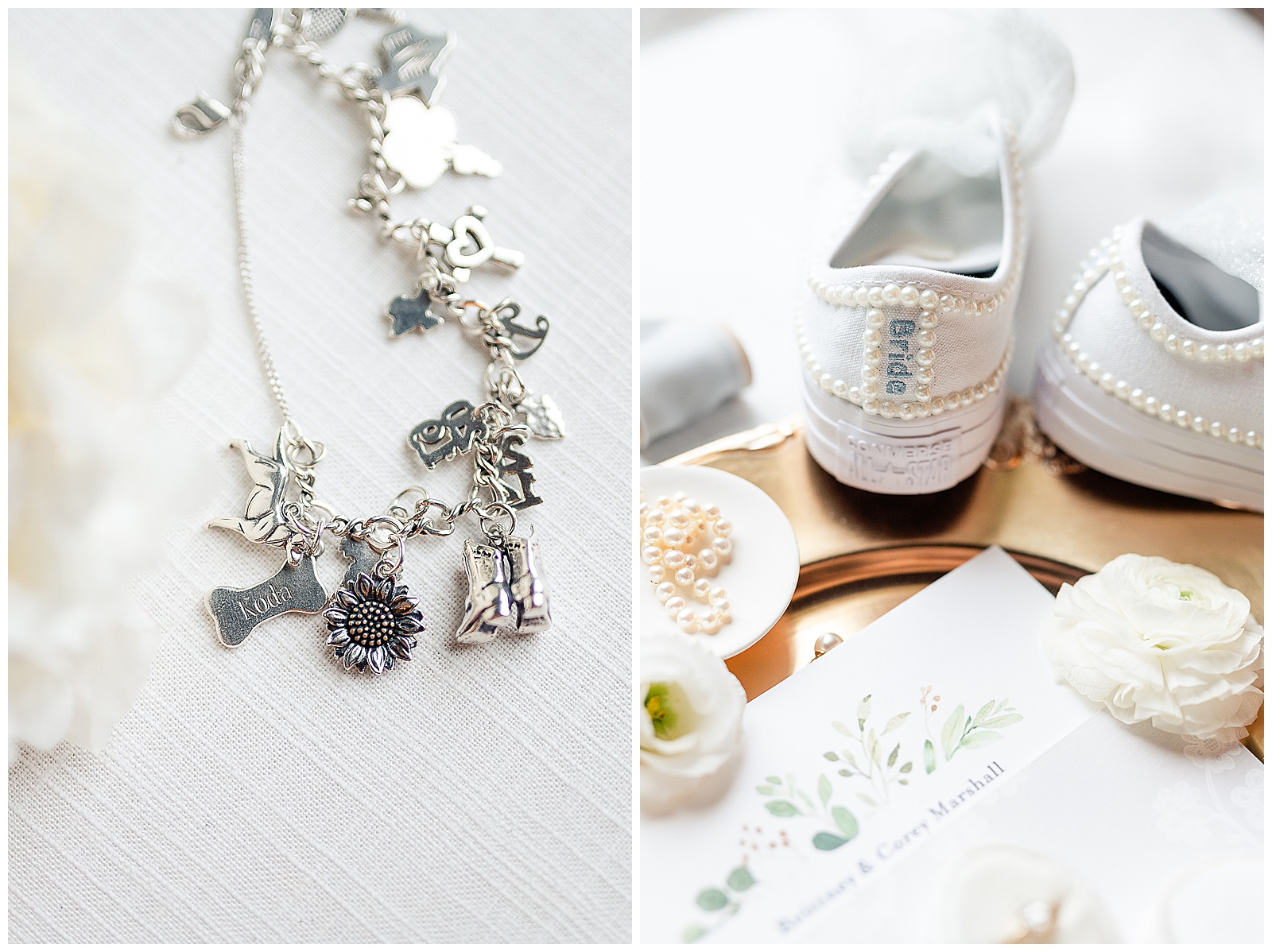 The brides charm bracelet and converse bridal shoes with pearls