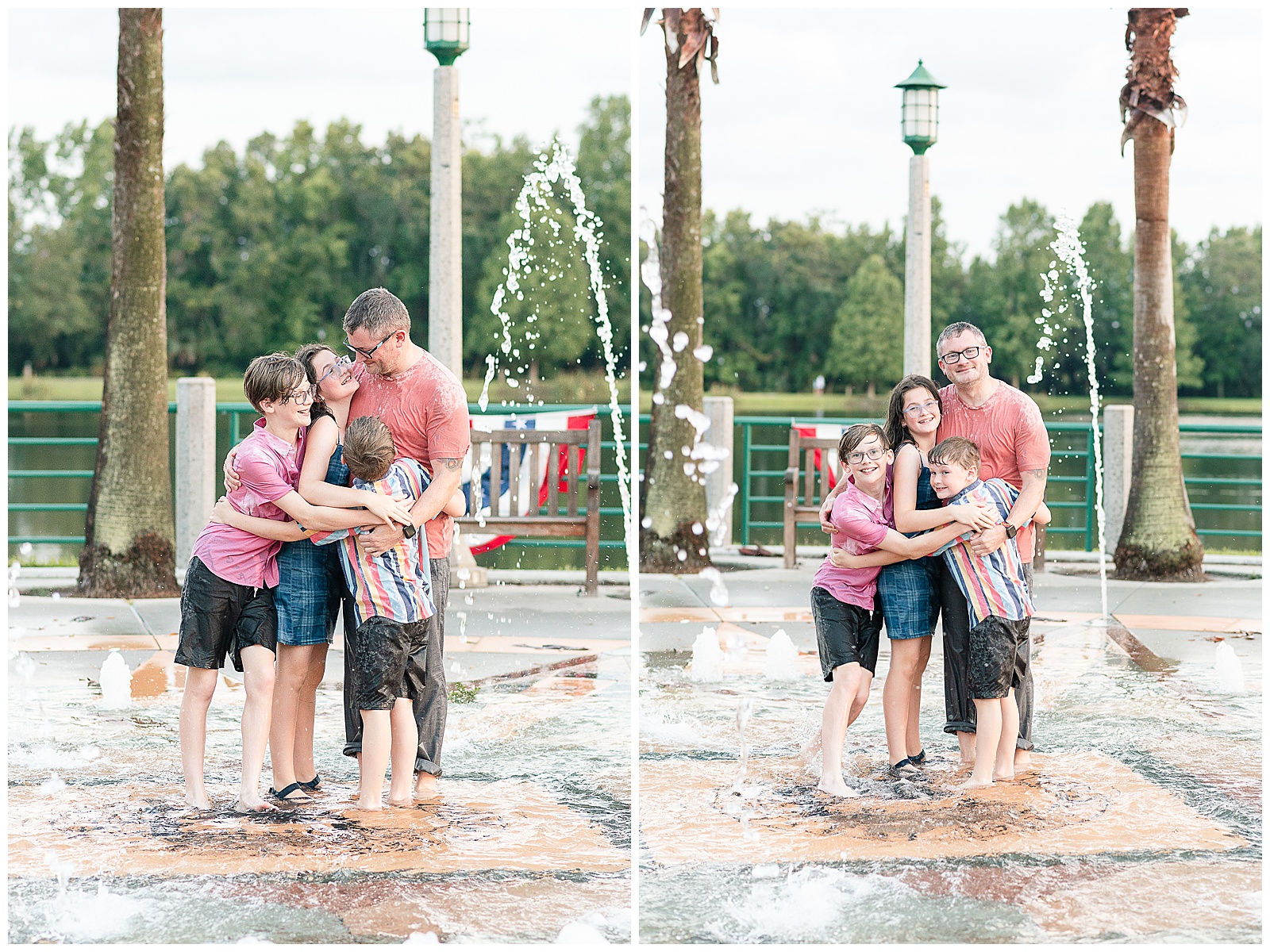 Family playing in the fountain during fun family photos in Celebration, FL