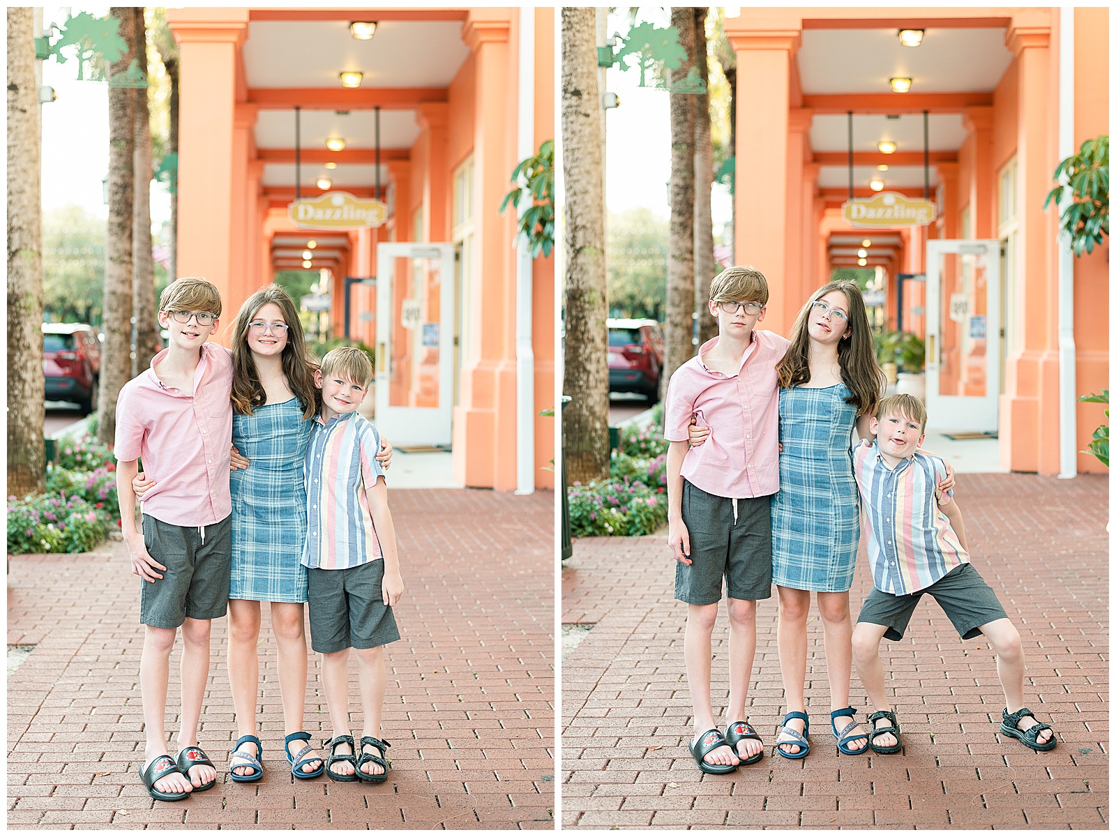 3 kids posing with nice smiles and silly faces during family photos in Celebration, FL