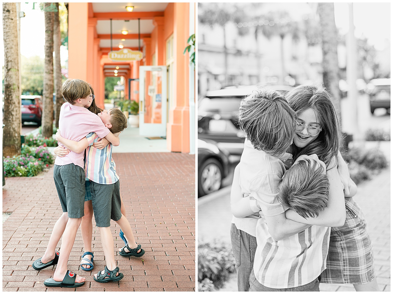 3 siblings hugging during family photos in Celebration, FL