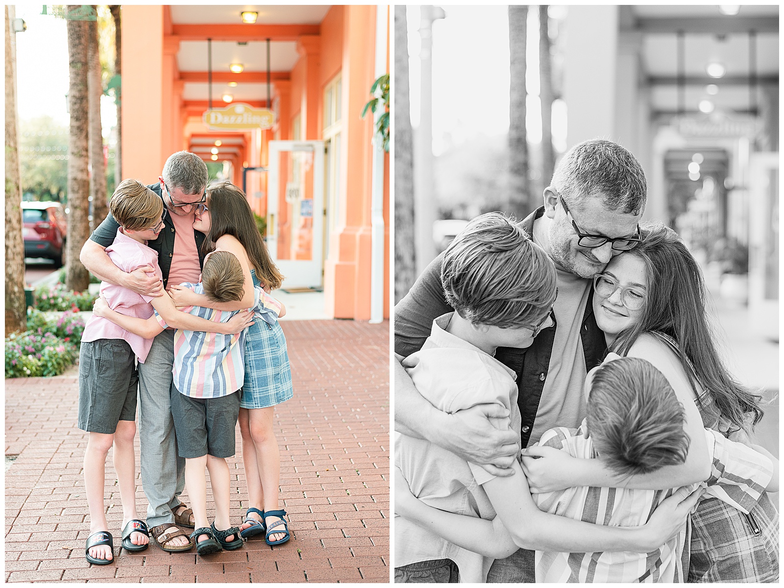 A father and his 3 kids hug during family photos in Celebration, FL