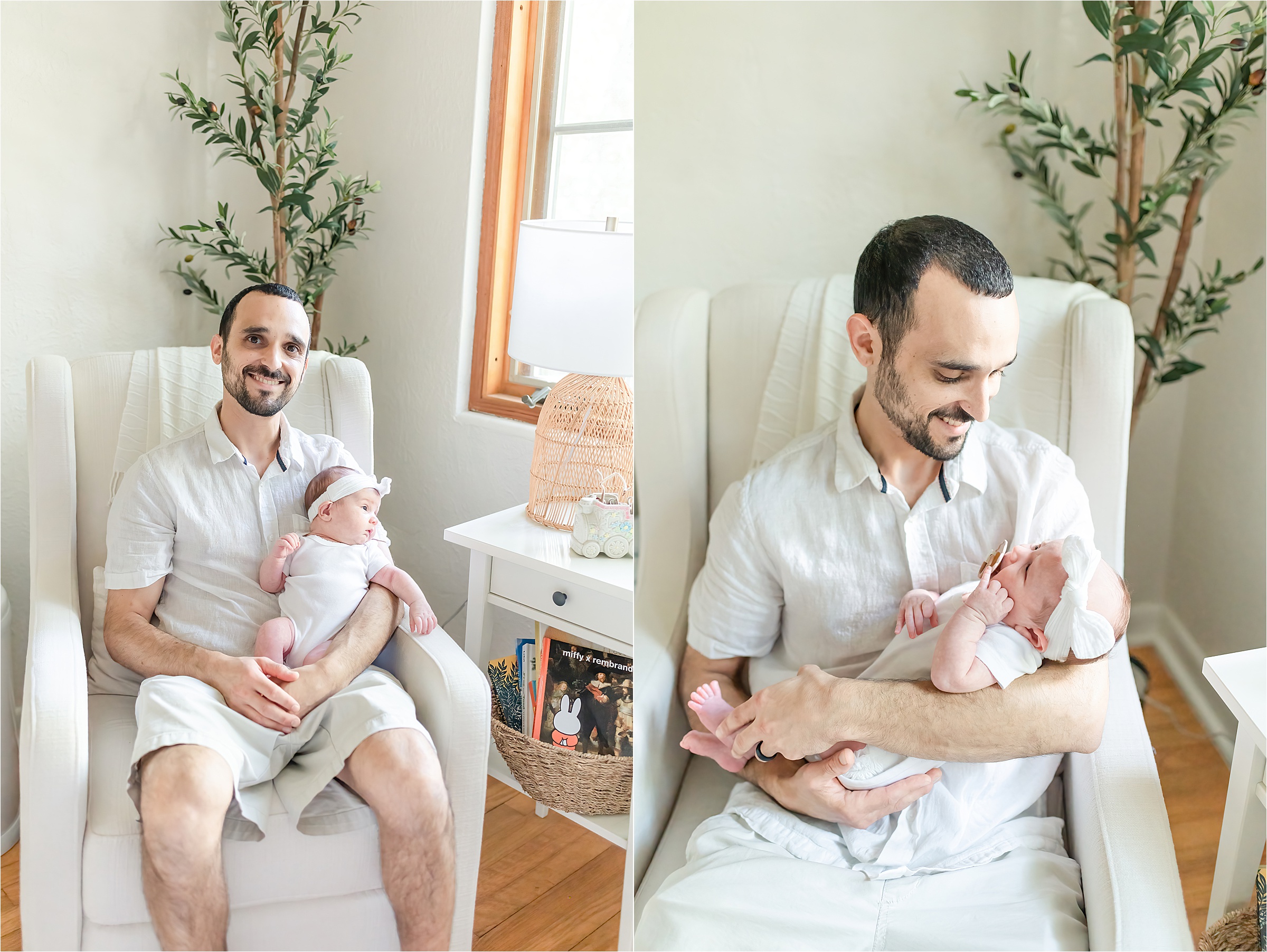 Dad holding baby while in the glider | Lifestyle Newborn Photography