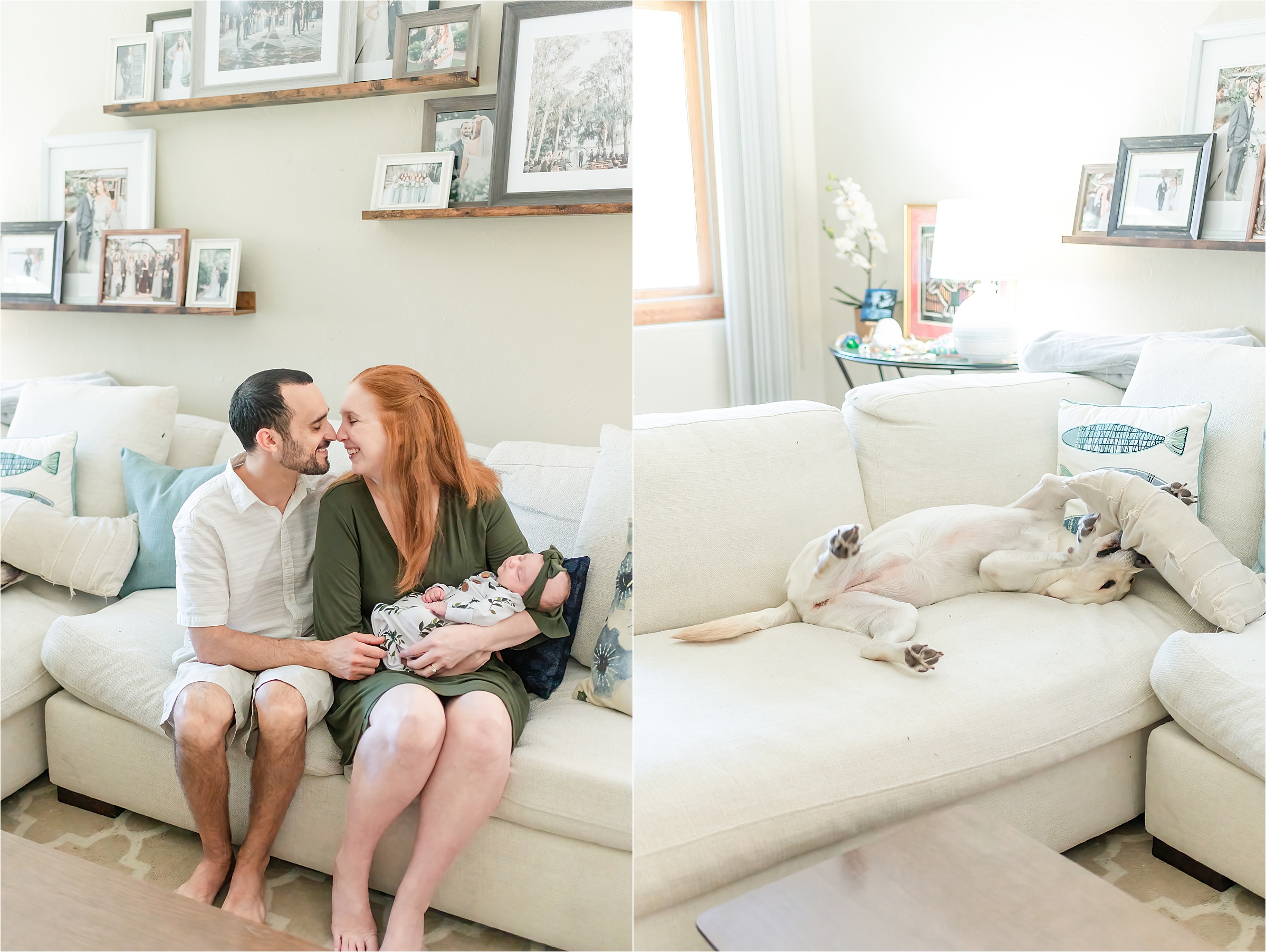Relaxing in the living room while the dog chews the pillows | Lifestyle Newborn Photography