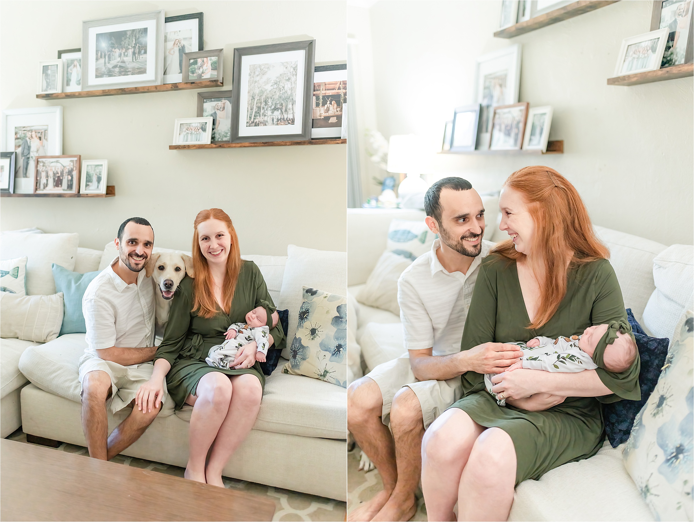 Family photo on the couch with the dog | Lifestyle Newborn Photography
