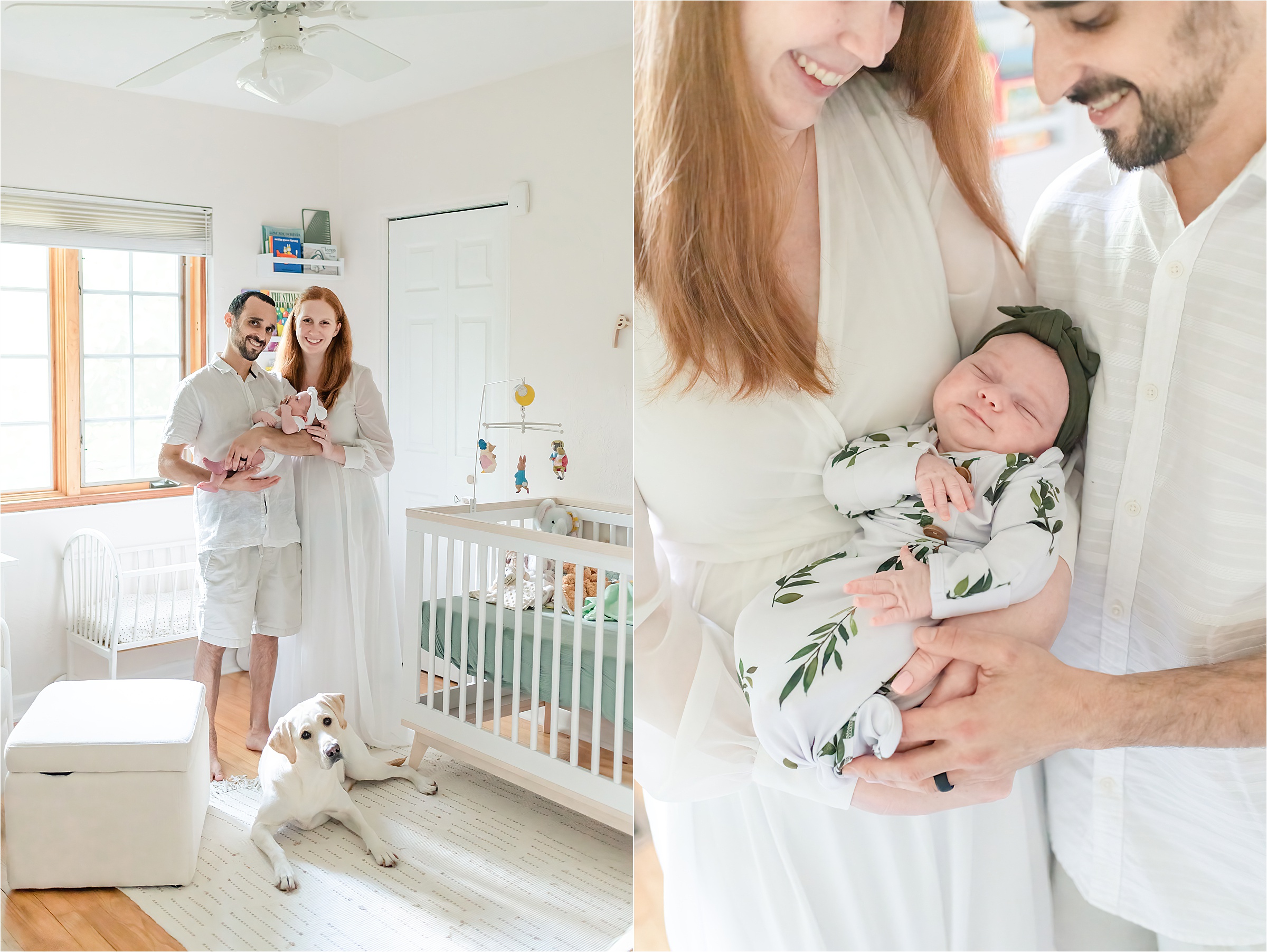Orlando Lifestyle Newborn Photography | Family of Four standing in the baby's nursery with their white lab