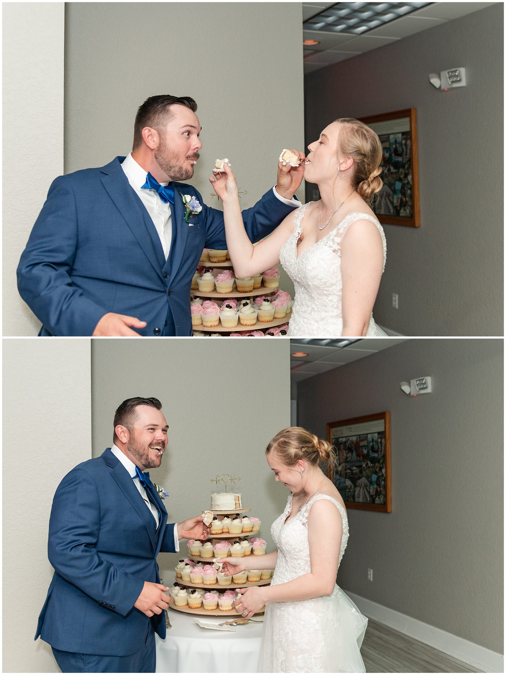 Bride and groom feeding each other a piece of their wedding cake