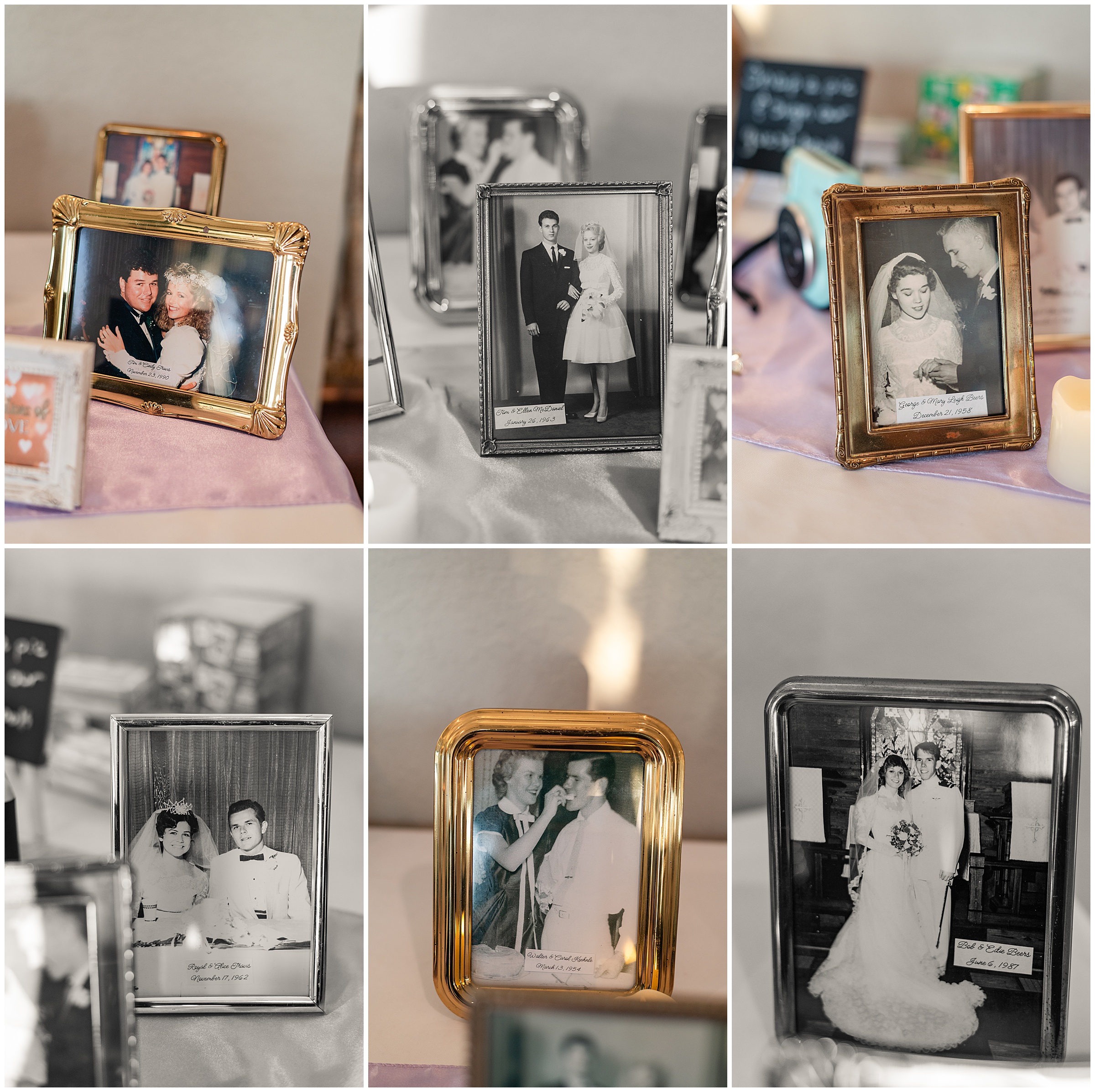 Old wedding photos of family members displayed at a wedding reception at Tampa Bay watch