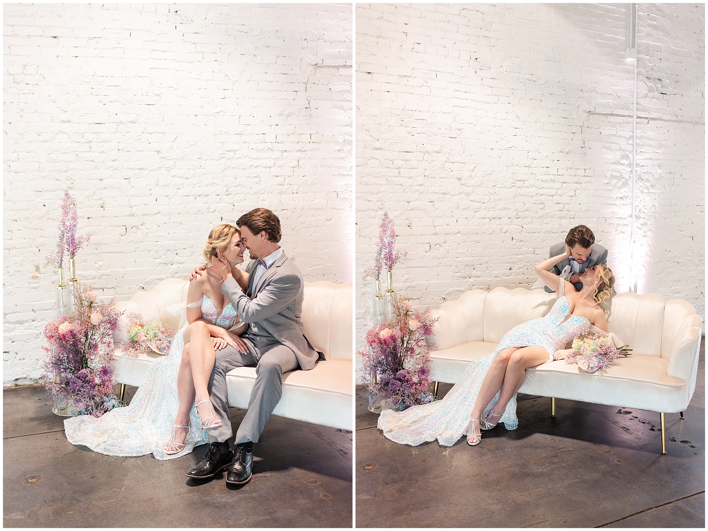 Bride and groom photos on a white couch during an Iridescent Wedding at Haus 820