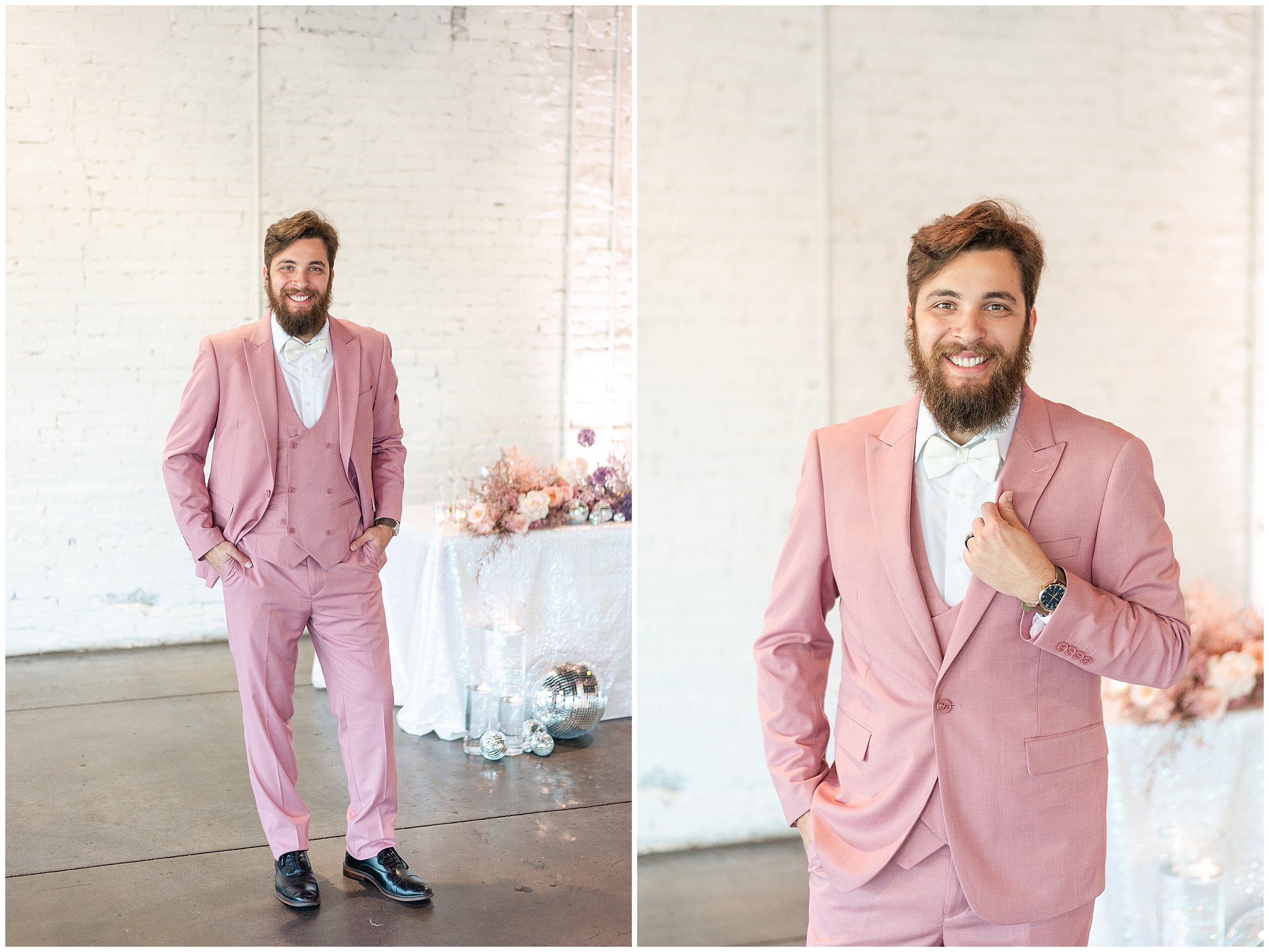 Groom in pink suit at wedding at Haus 820 in Lakeland, FL
