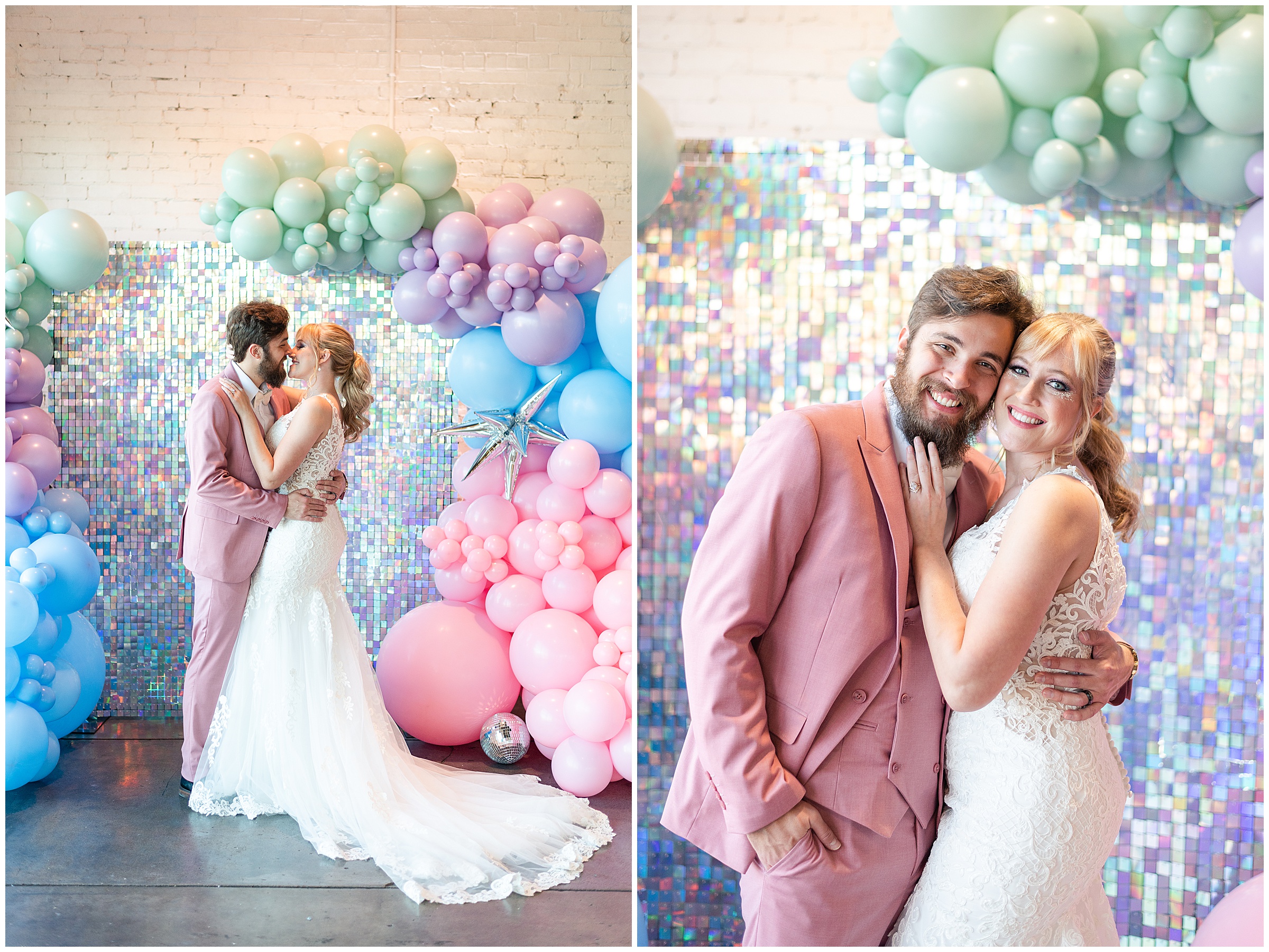 Bride and groom photos in front of  Iridescent background and pastel balloon arch at Haus 820 in Lakeland, FL