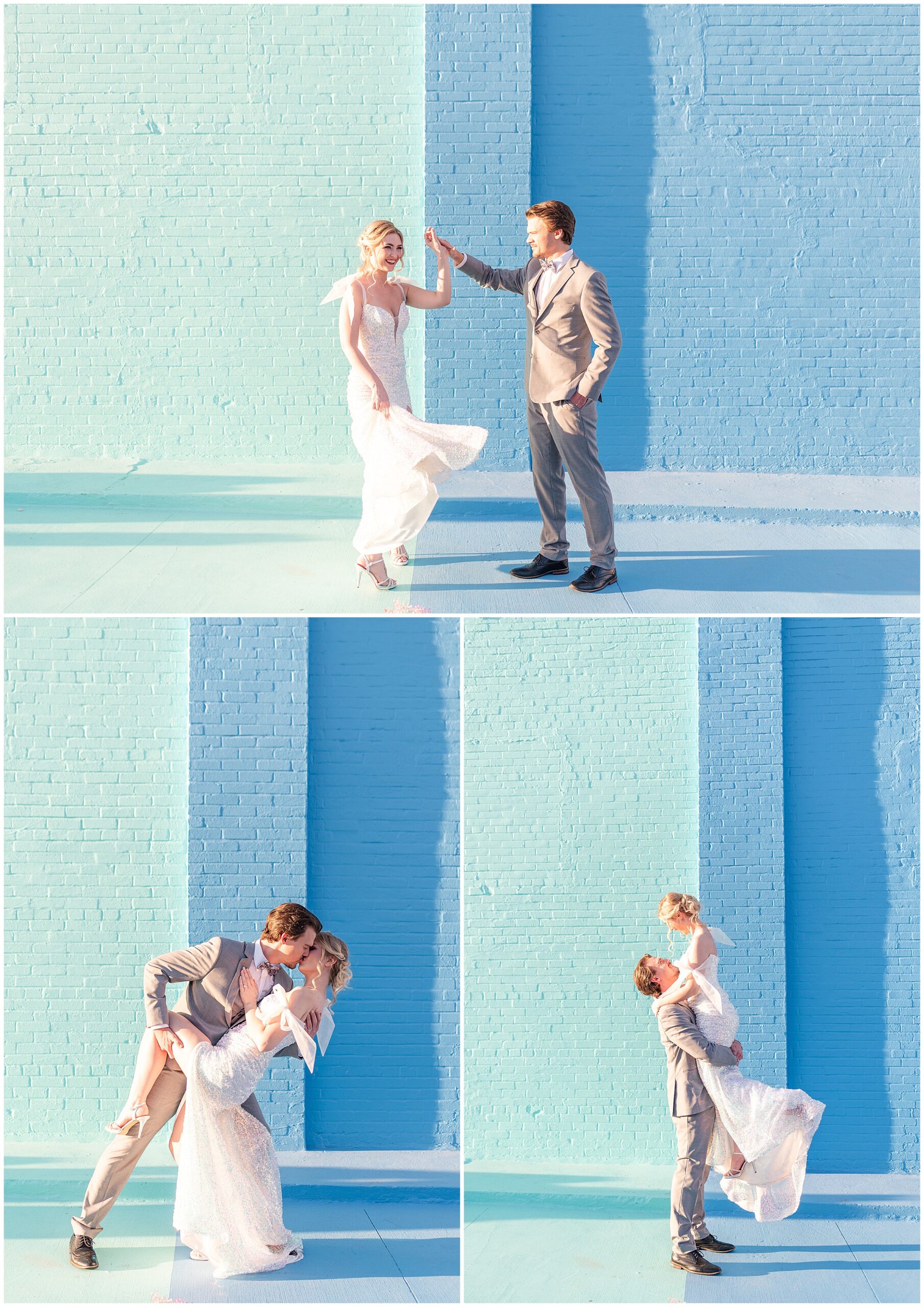 Bride and groom photos in front of the color wall at Haus 820 in Lakeland, FL