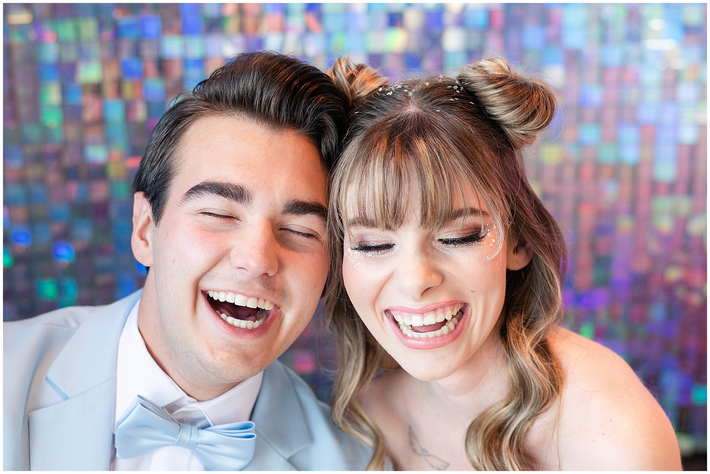 Bride and Groom laughing together at a Iridescent Wedding at Haus 820