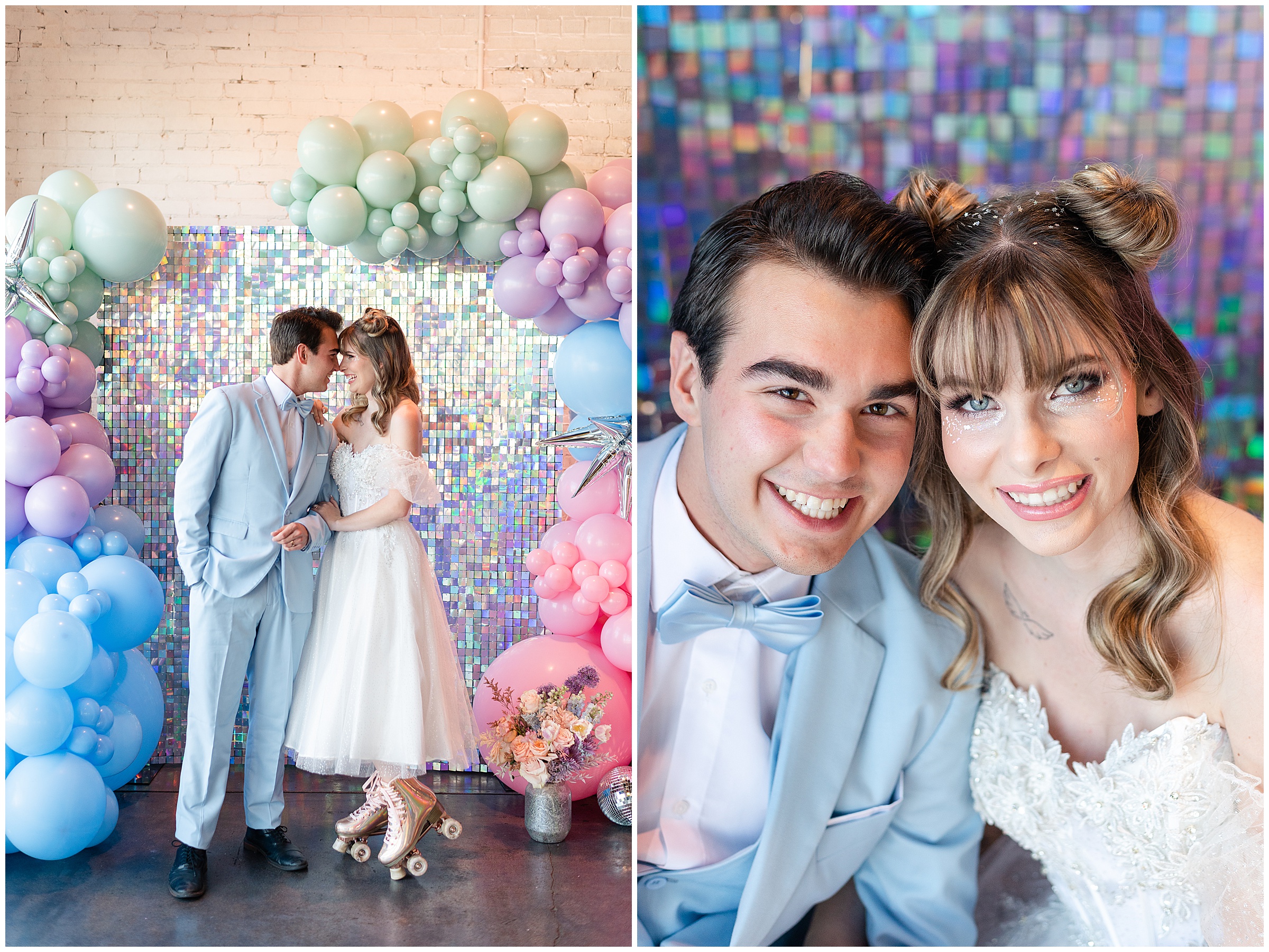 Bride and Groom standing in front of a pastel colored balloon arch with iridescent background at Haus 820