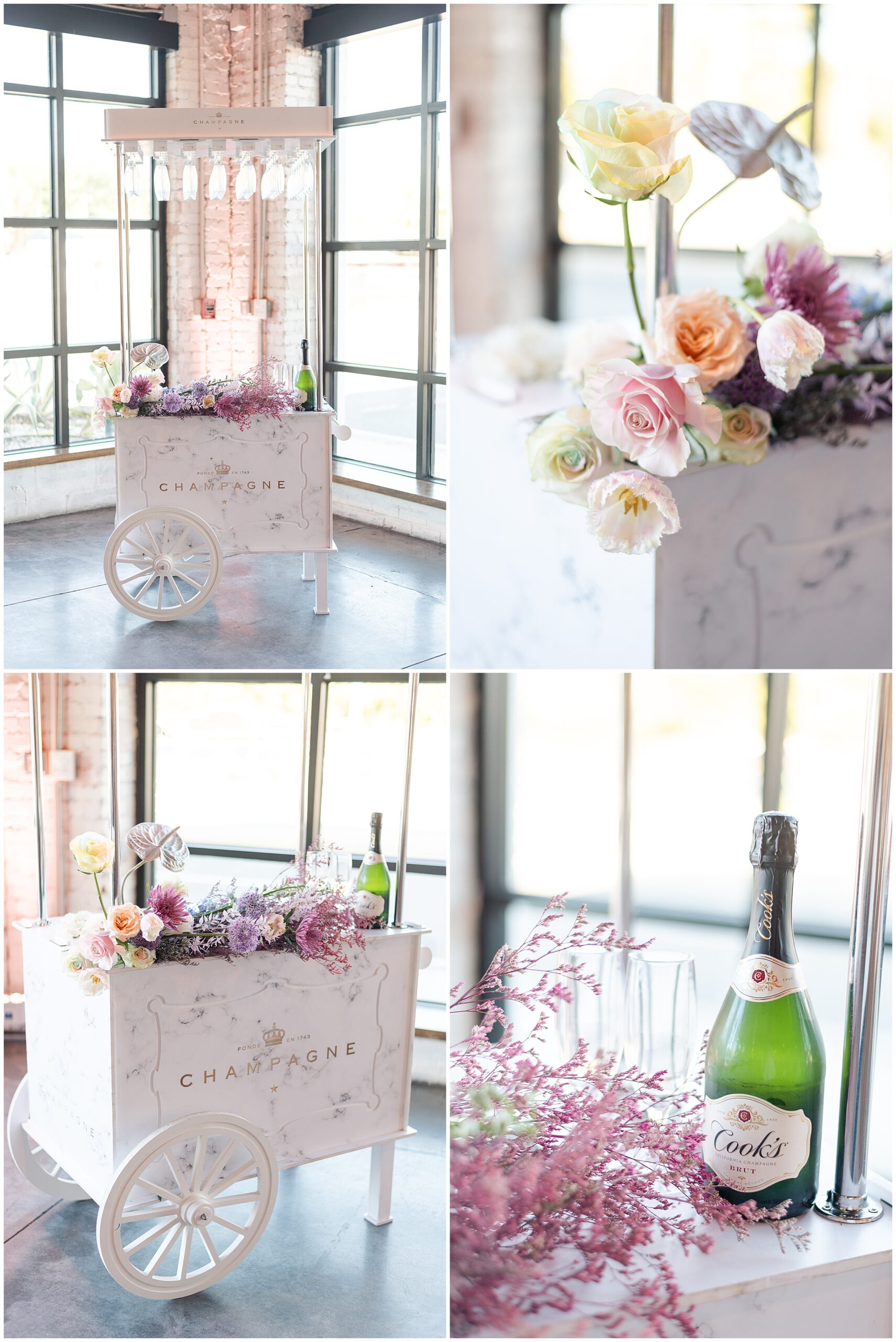Champagne cart with florals at Iridescent Wedding at Haus 820