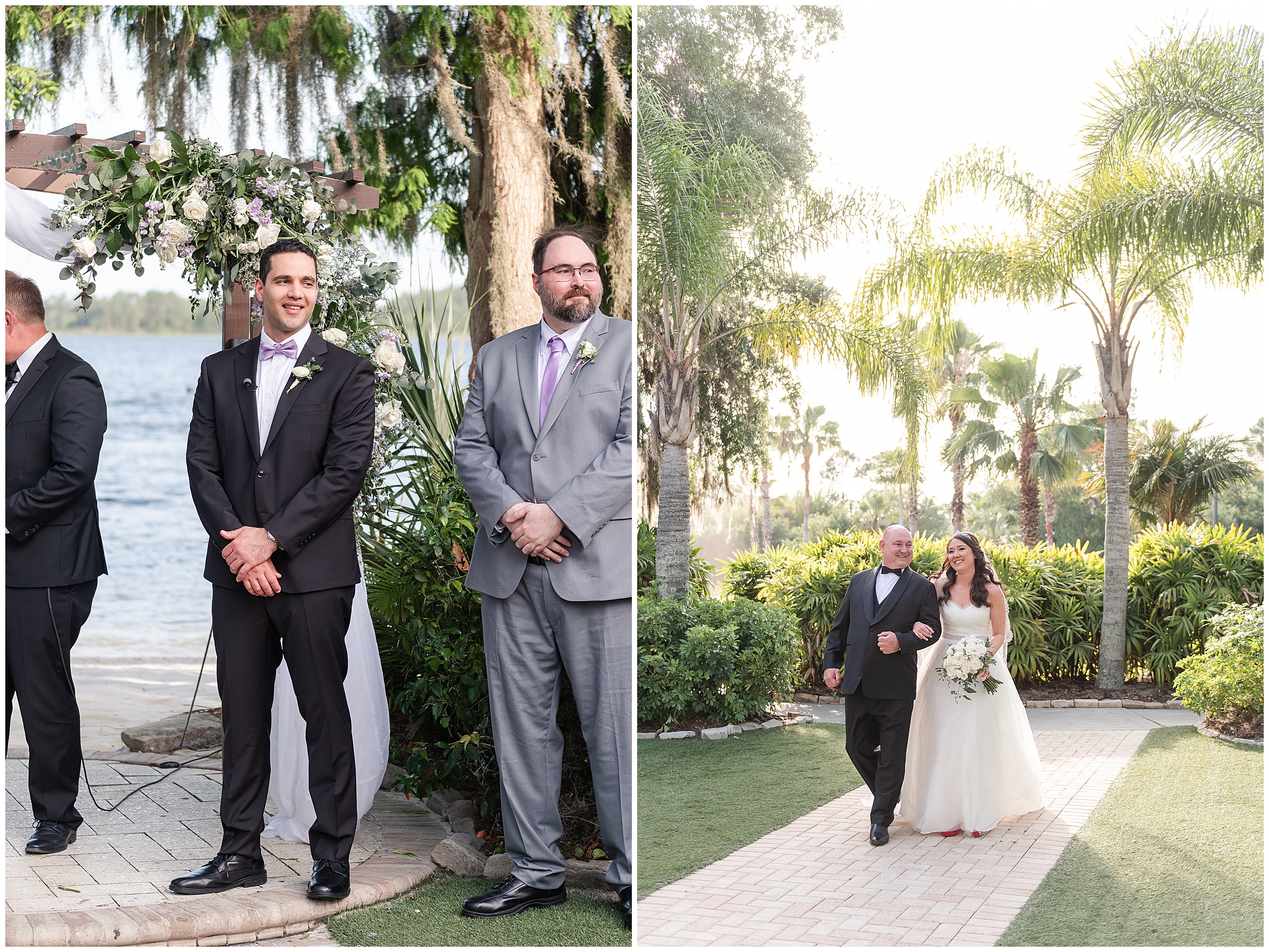 The groom smiling at his bride and her father walking down the ceremony aisle at a Paradise Cove Wedding in Orlando, FL