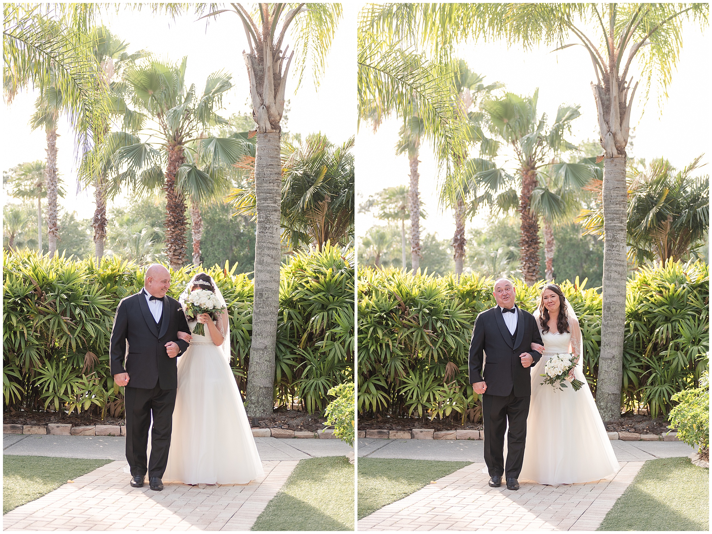 Bride and father walking down the aisle during the ceremony at a Paradise Cove Wedding in Orlando, FL