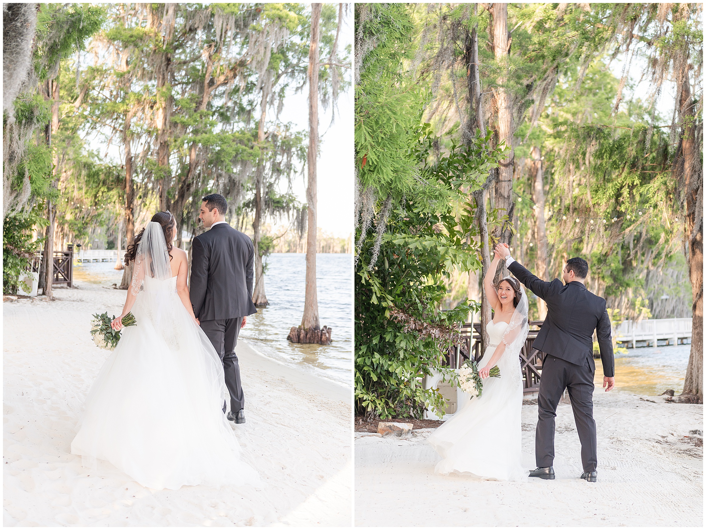 Bride and groom photos on the beach at their Paradise Cove Wedding in Orlando, FL