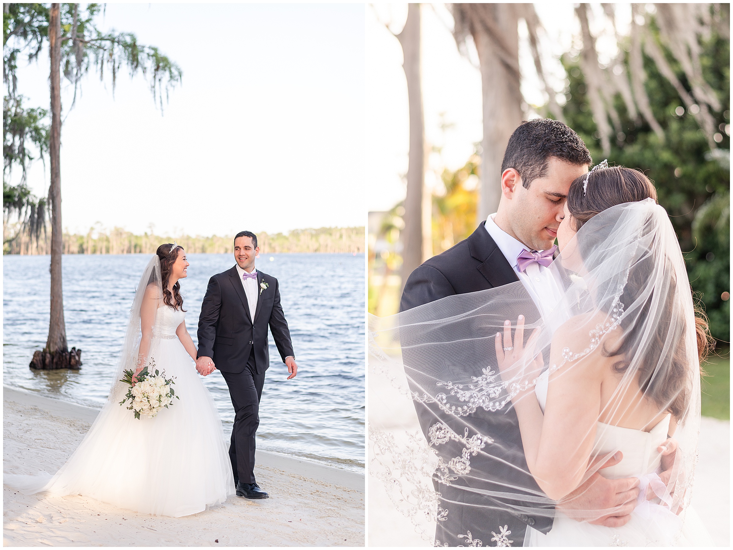 Bride and groom photos on the beach at their Paradise Cove Wedding in Orlando, FL