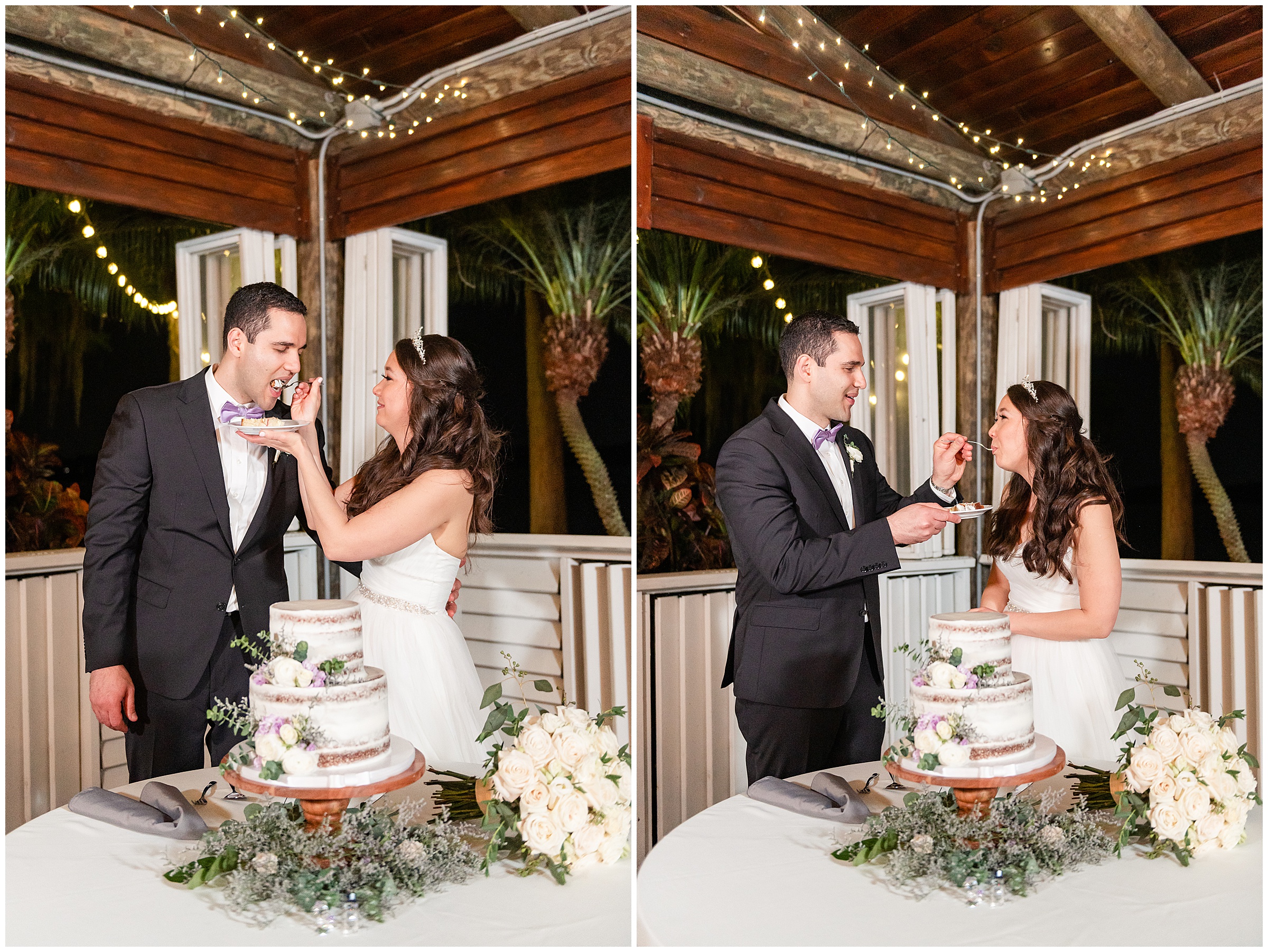 Bride and groom eating wedding cake at their Paradise Cove Wedding in Orlando, FL