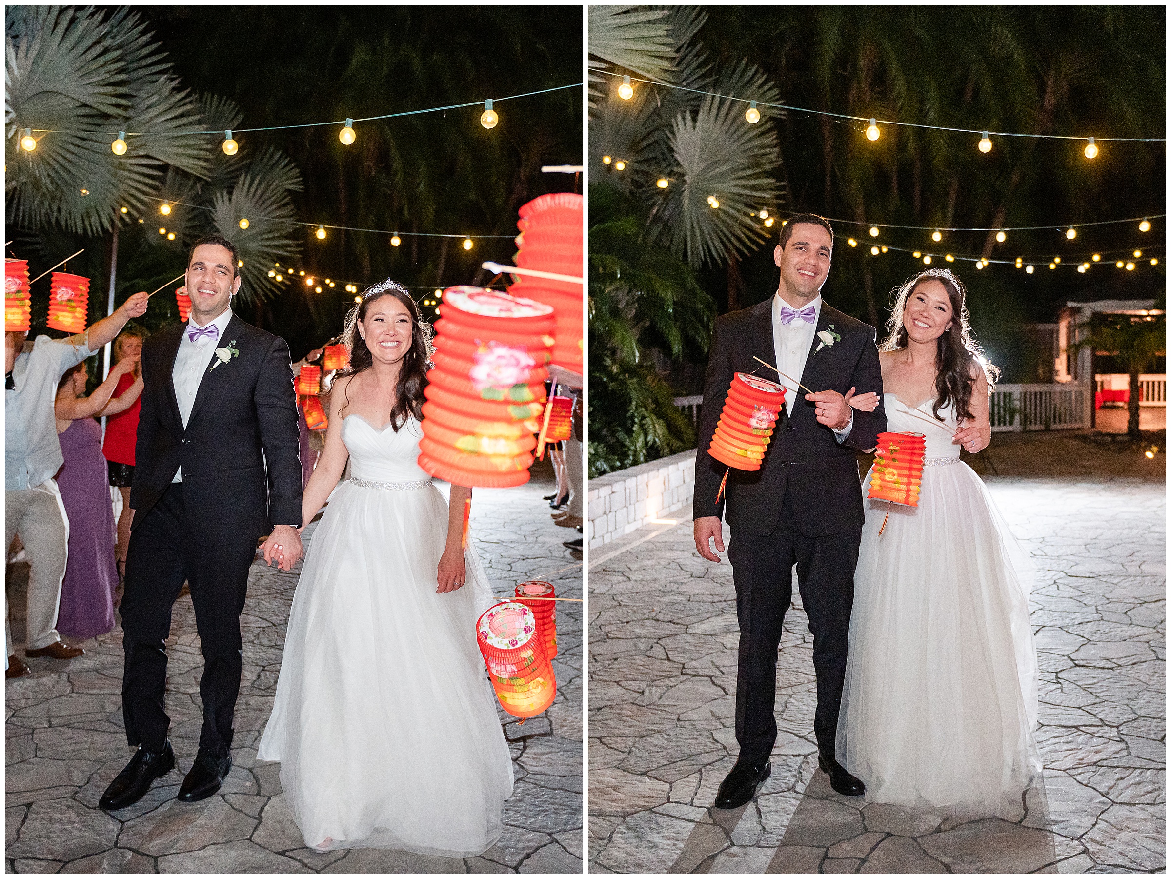 Bride and groom walking through an exit of lanterns at their Paradise Cove Wedding in Orlando, FL