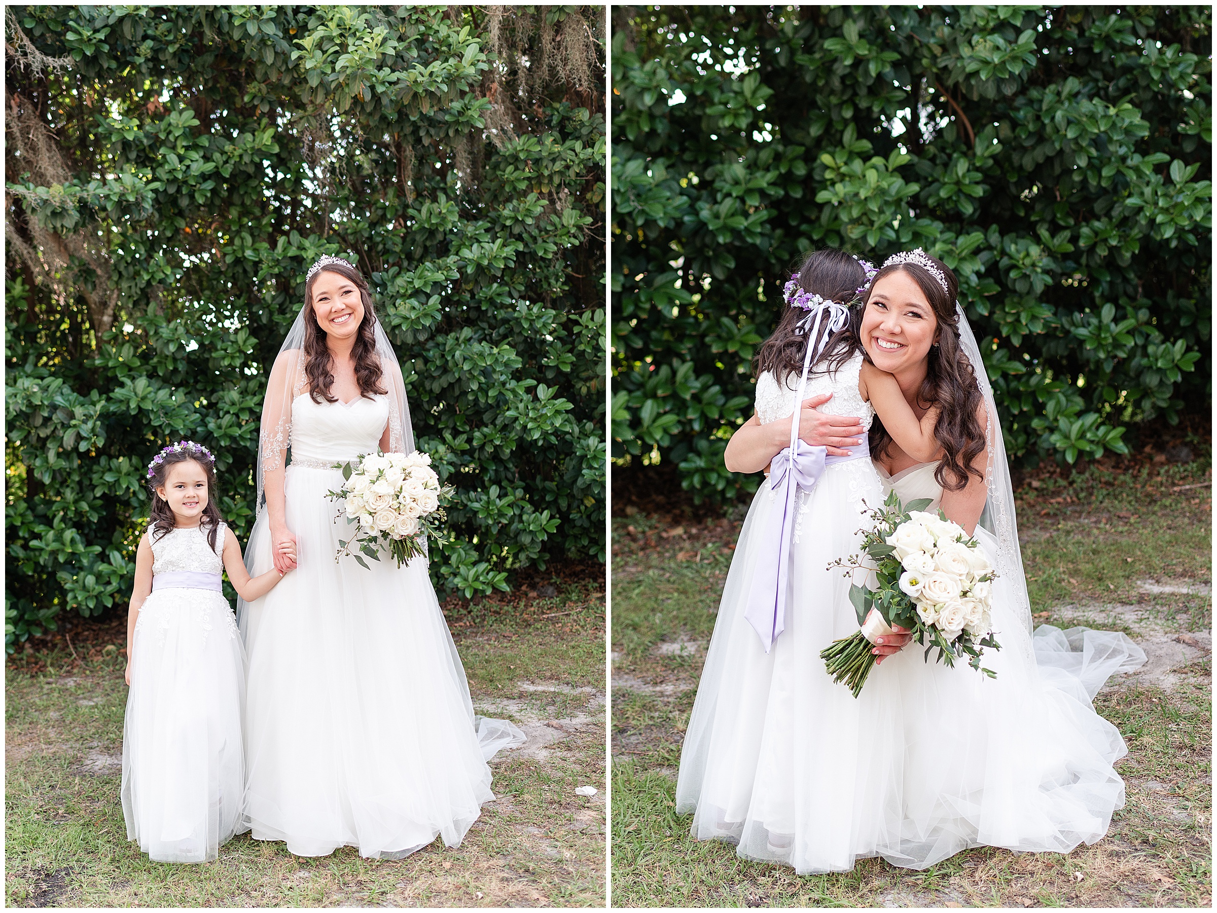 Bride and the flower girl posing for a photo and hugging at a Paradise Cove Wedding in Orlando, FL