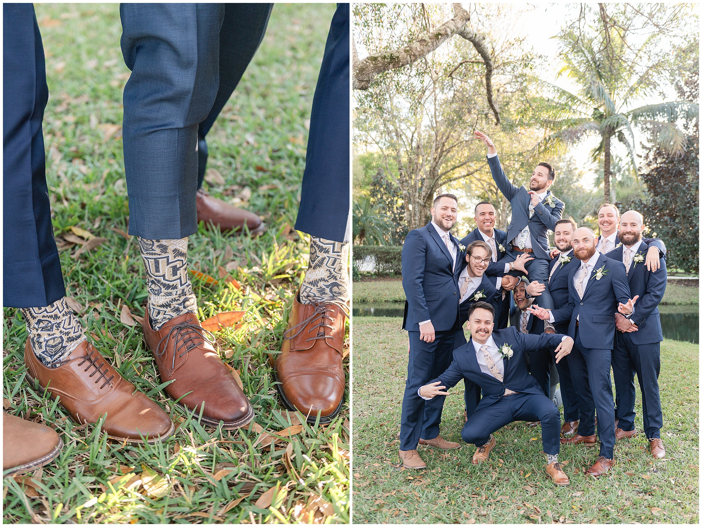 Groom and groomsmen with matching UCF socks | Magnolia Manor Wedding in Vero Beach