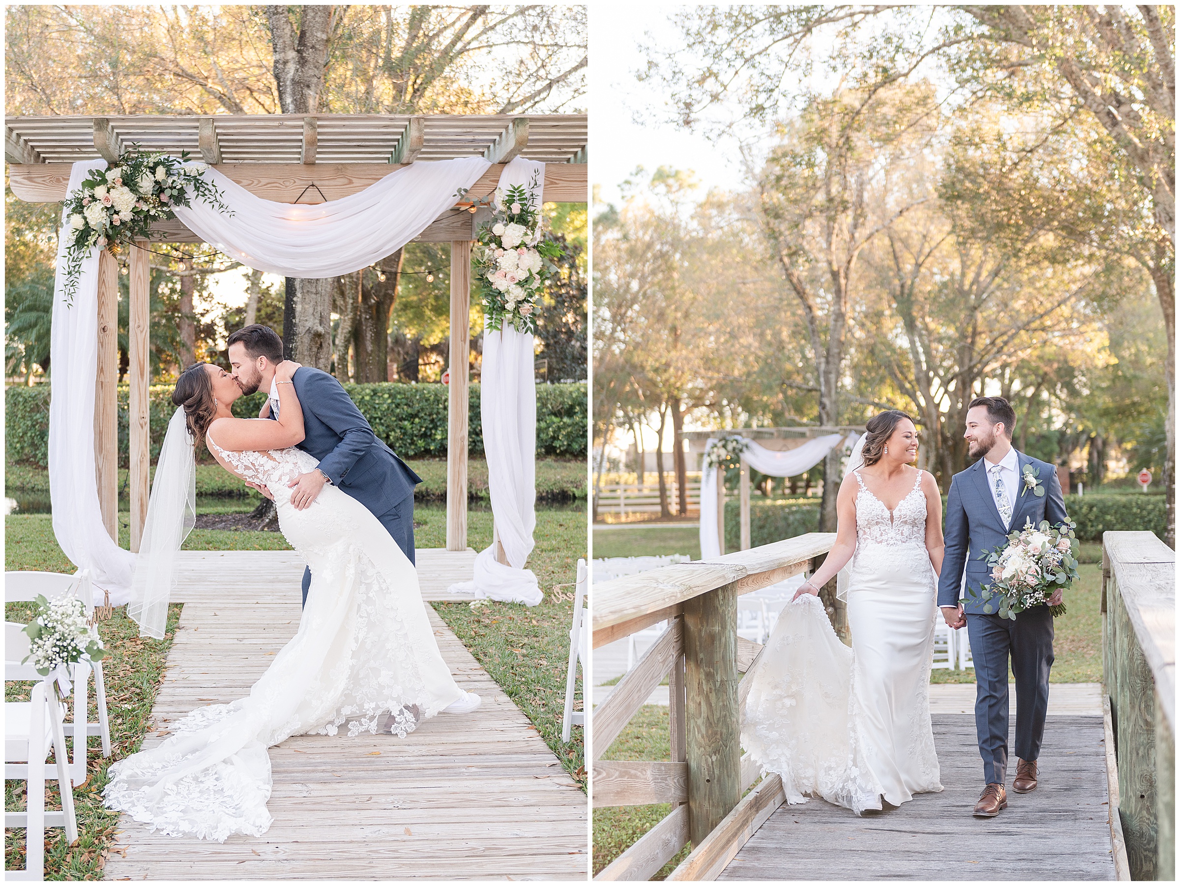 Bride and groom photos walking and dipping and kissing | Magnolia Manor Wedding in Vero Beach