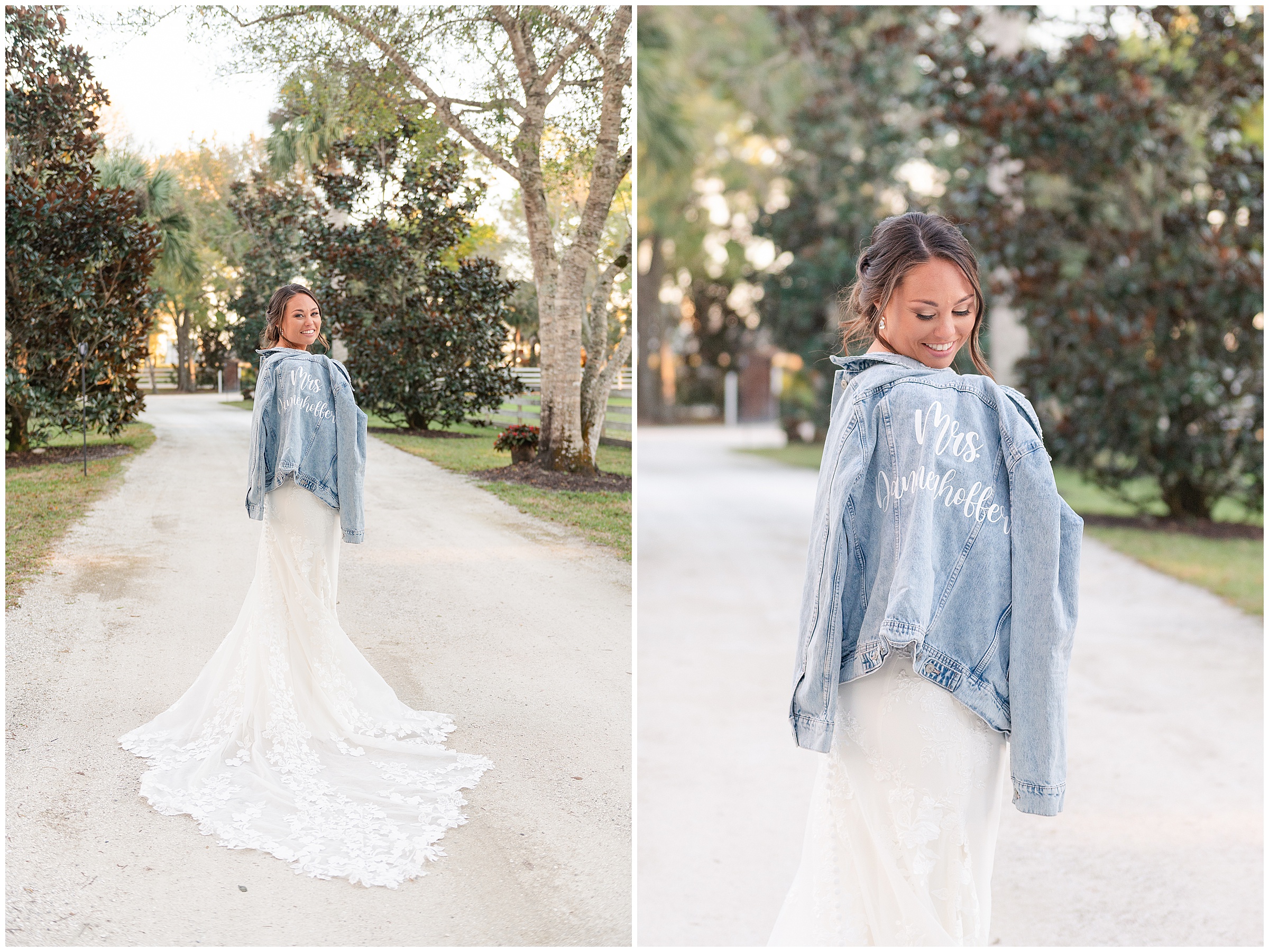 Bride with custom denim jacket with her new last name at a Magnolia Manor Wedding in Vero Beach