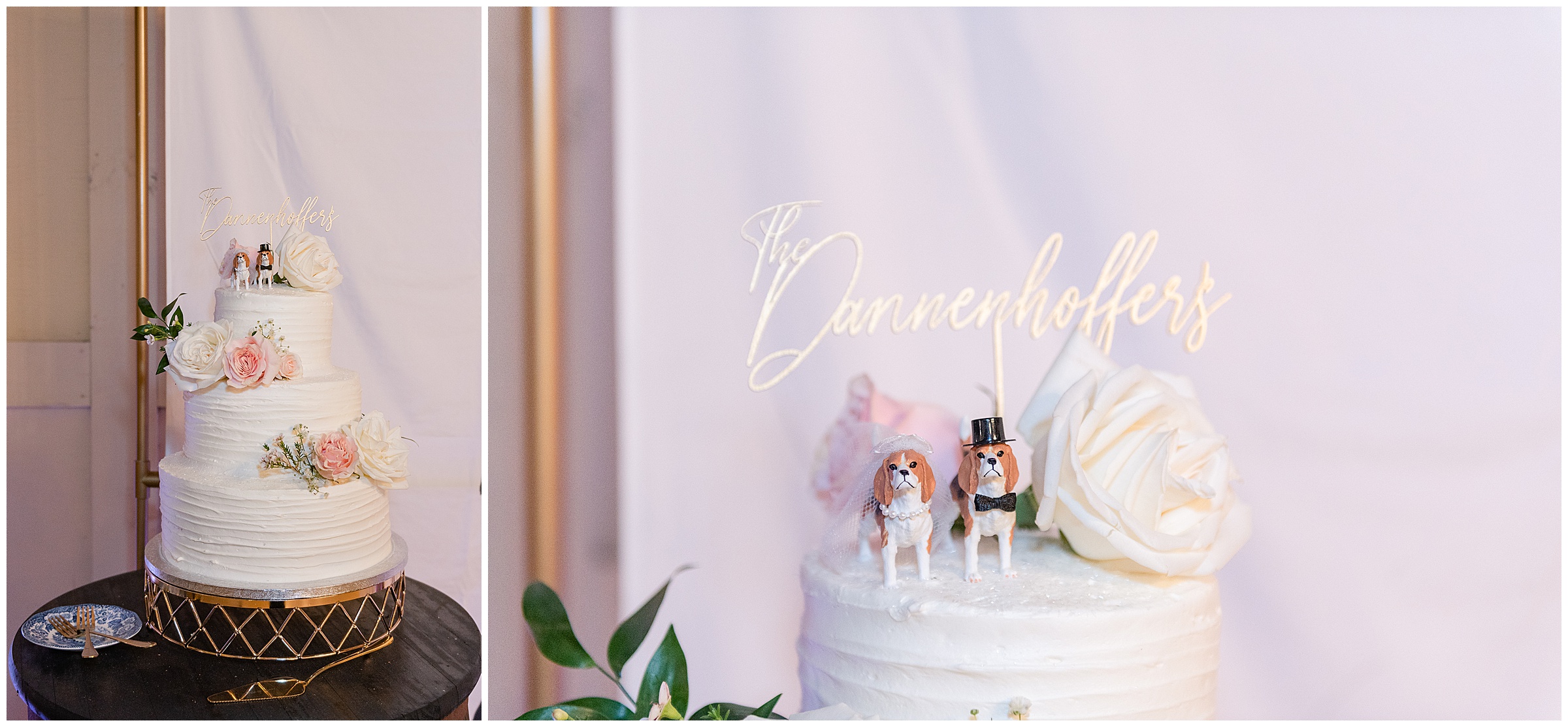 White wedding cake with beagle dog figurines on tip of the cake at a Magnolia Manor Wedding in Vero Beach