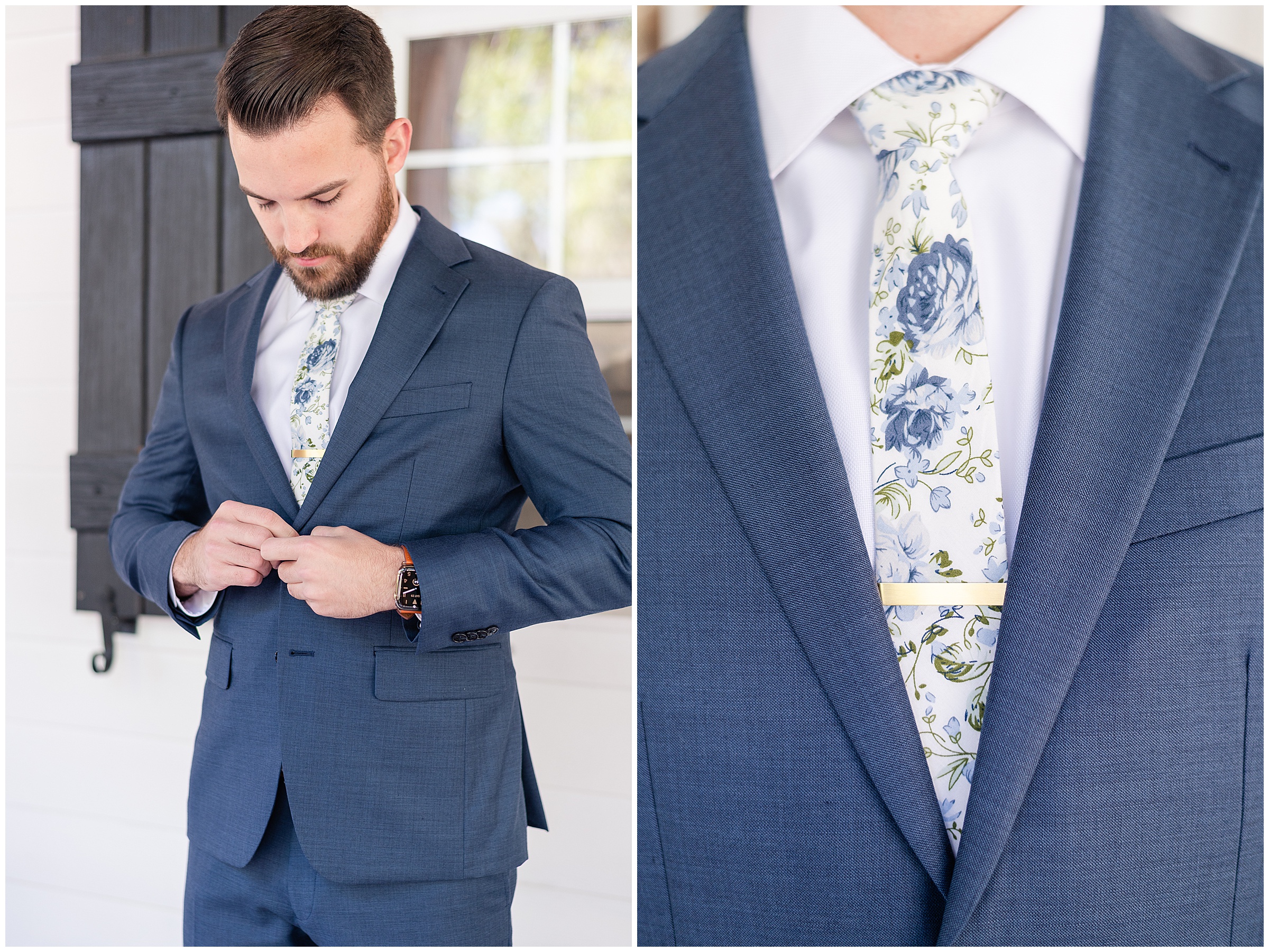 Groom putting his blue jacket and floral tie on at a Magnolia Manor Wedding in Vero Beach FL