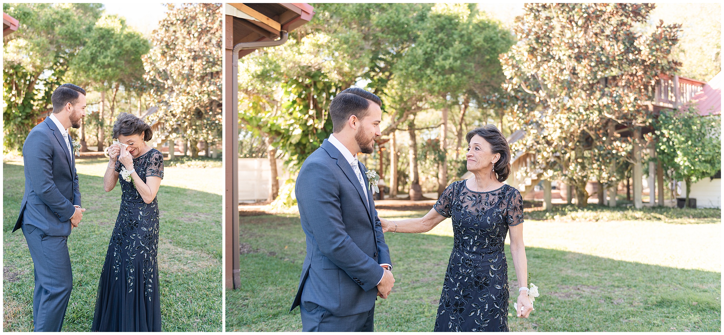 Groom and his mother's first look at his Magnolia Manor Wedding in Vero Beach