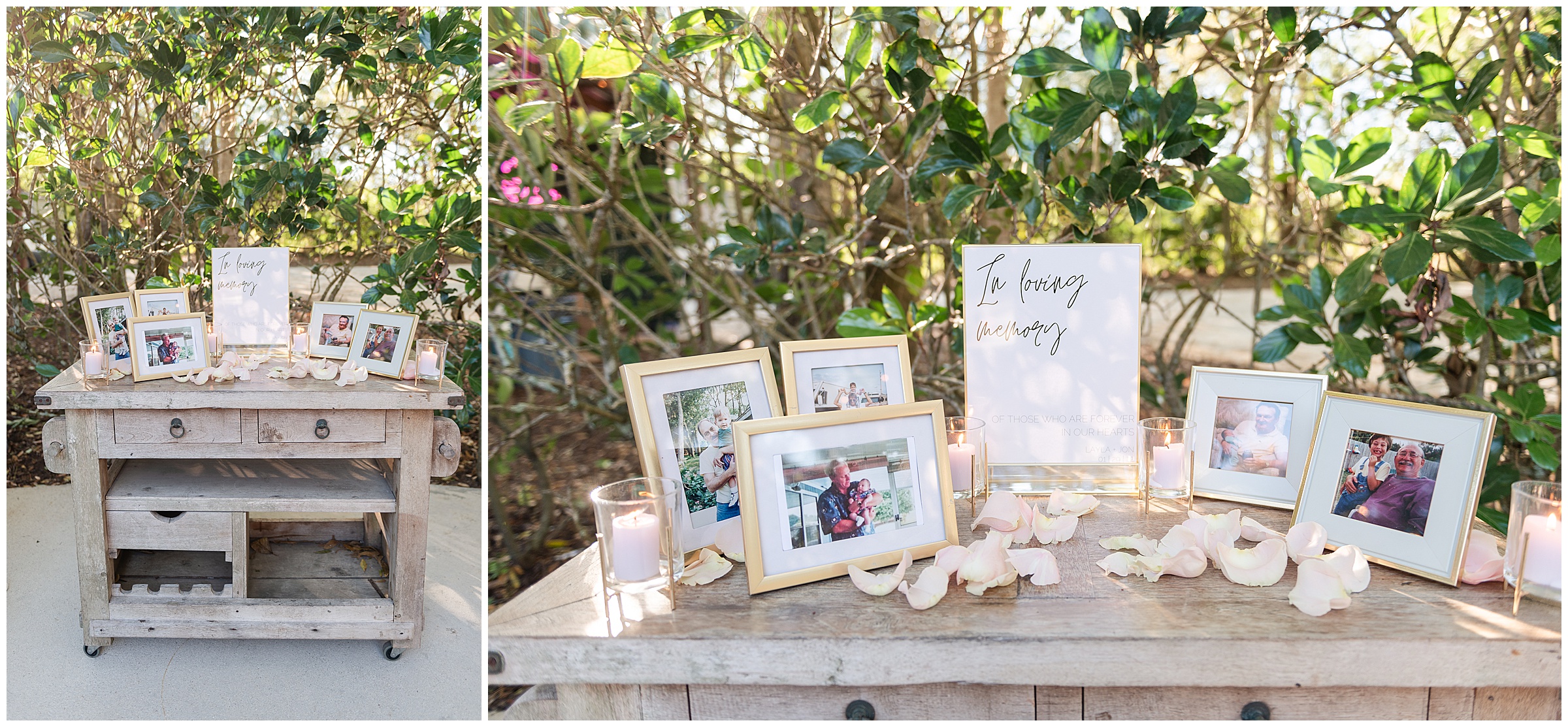In loving memory table setup with photos at a Magnolia Manor Wedding in Vero Beach, Florida