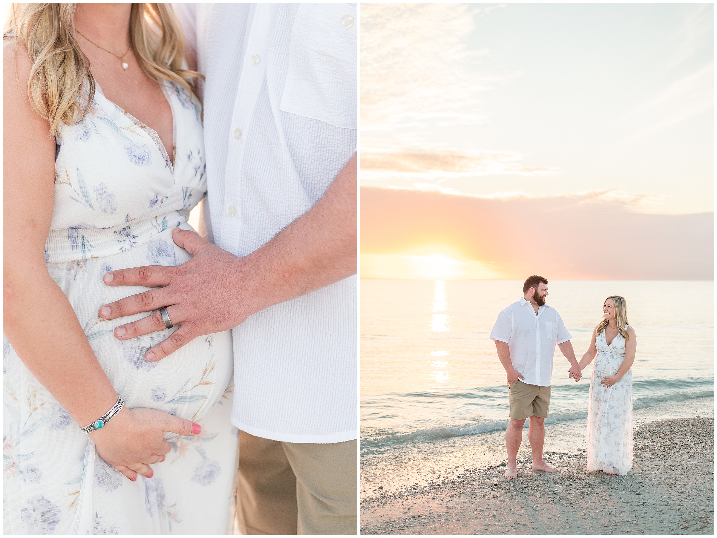 A married couple posing on the beach for Maternity photos at Honeymoon Island State Park in Florida. 