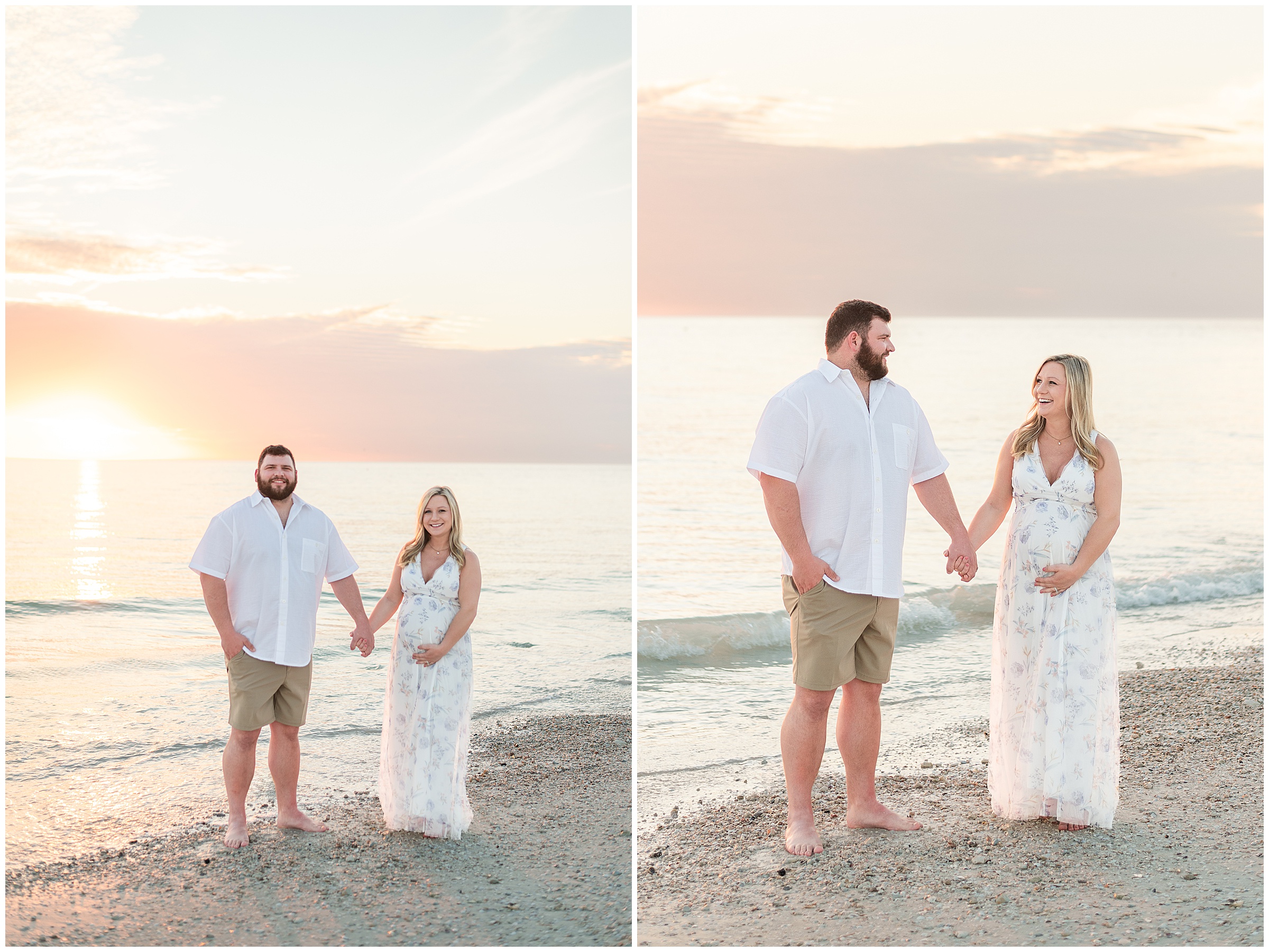 A couple posing for Maternity photos while the sun sets behind them on the beach at Honeymoon Island State Park in Florida. 