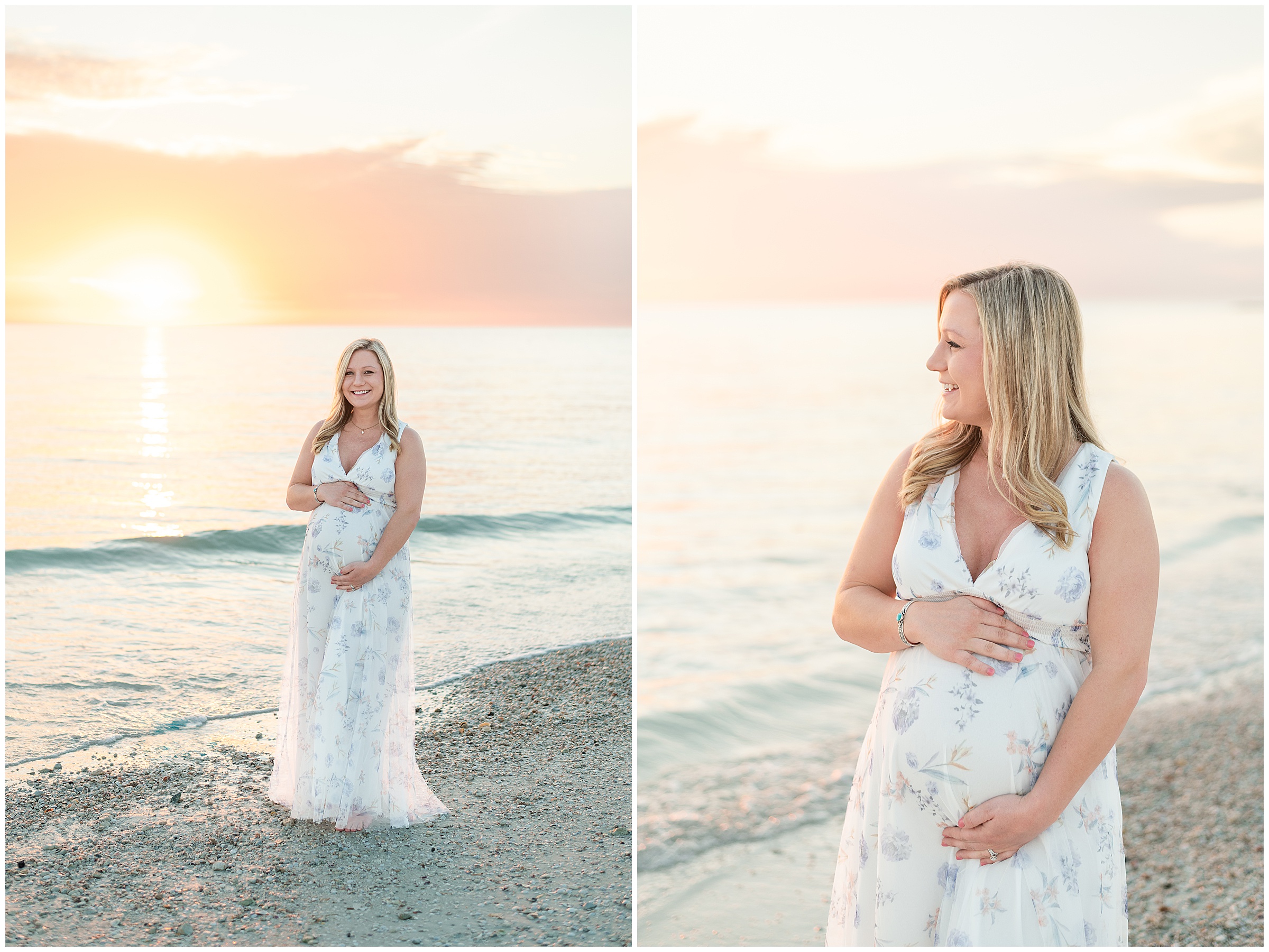 Brooke holding her belly on the beach for her Maternity photos at Honeymoon Island State Park in Florida. 
