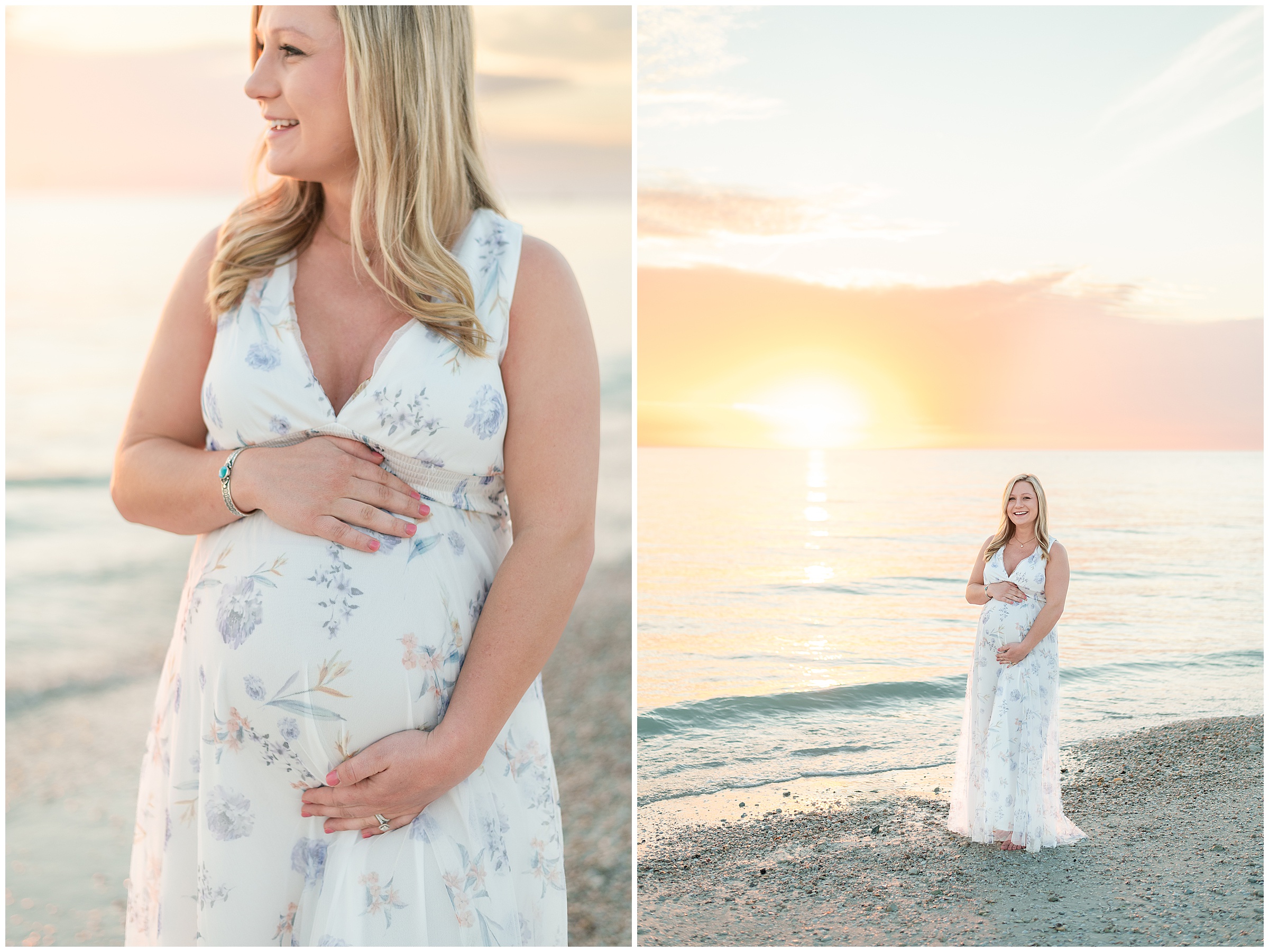 Brooke holding her belly on the beach for her Maternity photos at Honeymoon Island State Park in Florida. 