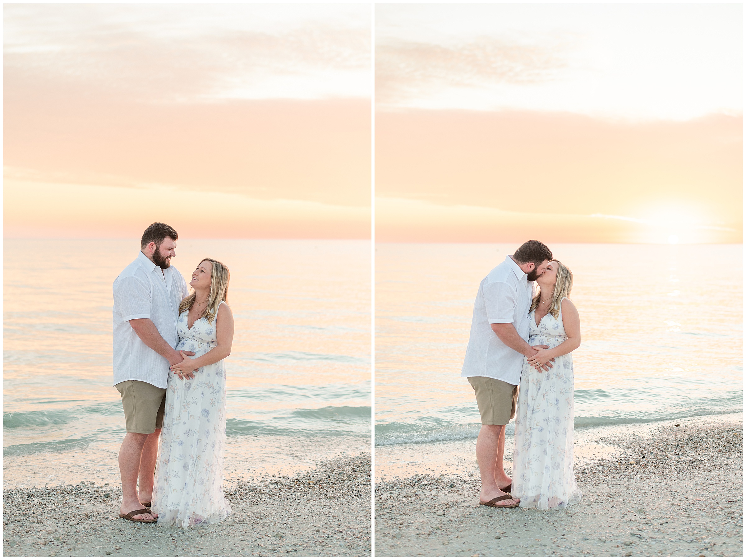 Brooke and Curt posing for maternity photos on the beach with the sunset behind them at Honeymoon Island State Park in Florida. 