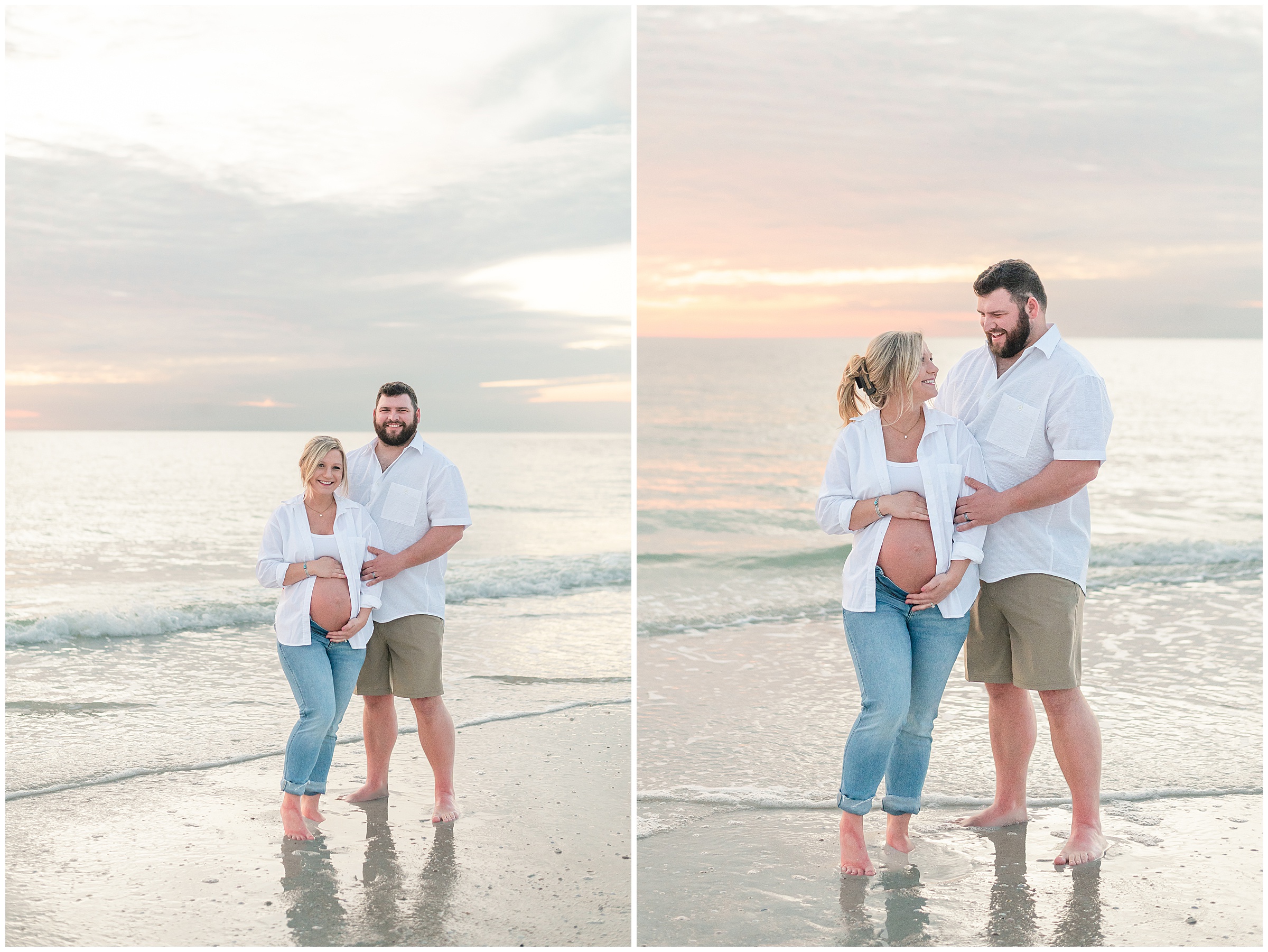 A couple standing together on the beach for their maternity photos at Honeymoon Island State Park in Florida. 