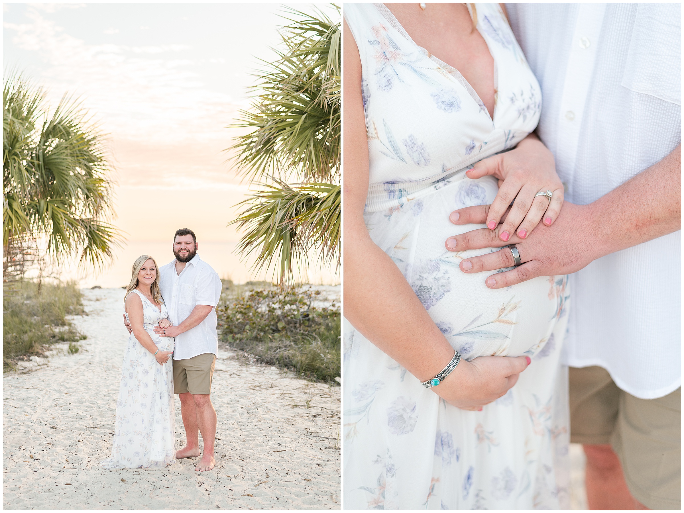A couple posing on the beach for Maternity photos at Honeymoon Island State Park in Florida. 