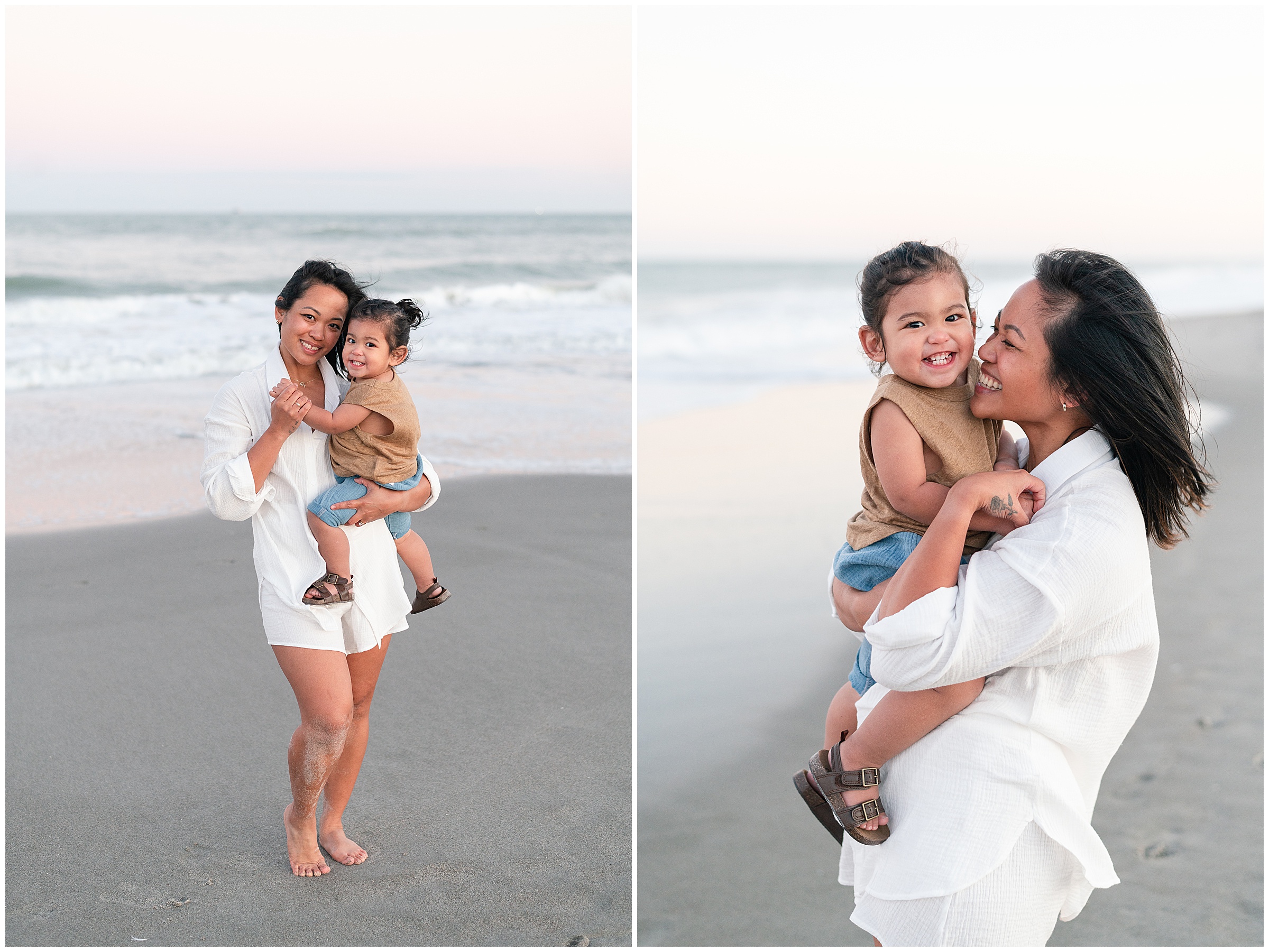 A mother and toddler son posing for Cocoa Beach Mommy & Me Photos.