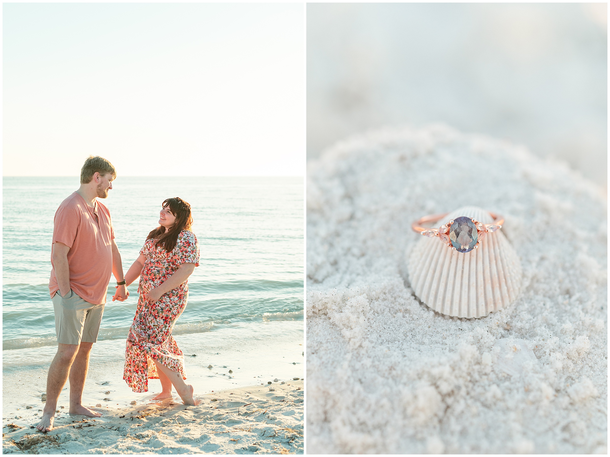 Honeymoon Island Engagement Session with engagement ring on a seashell