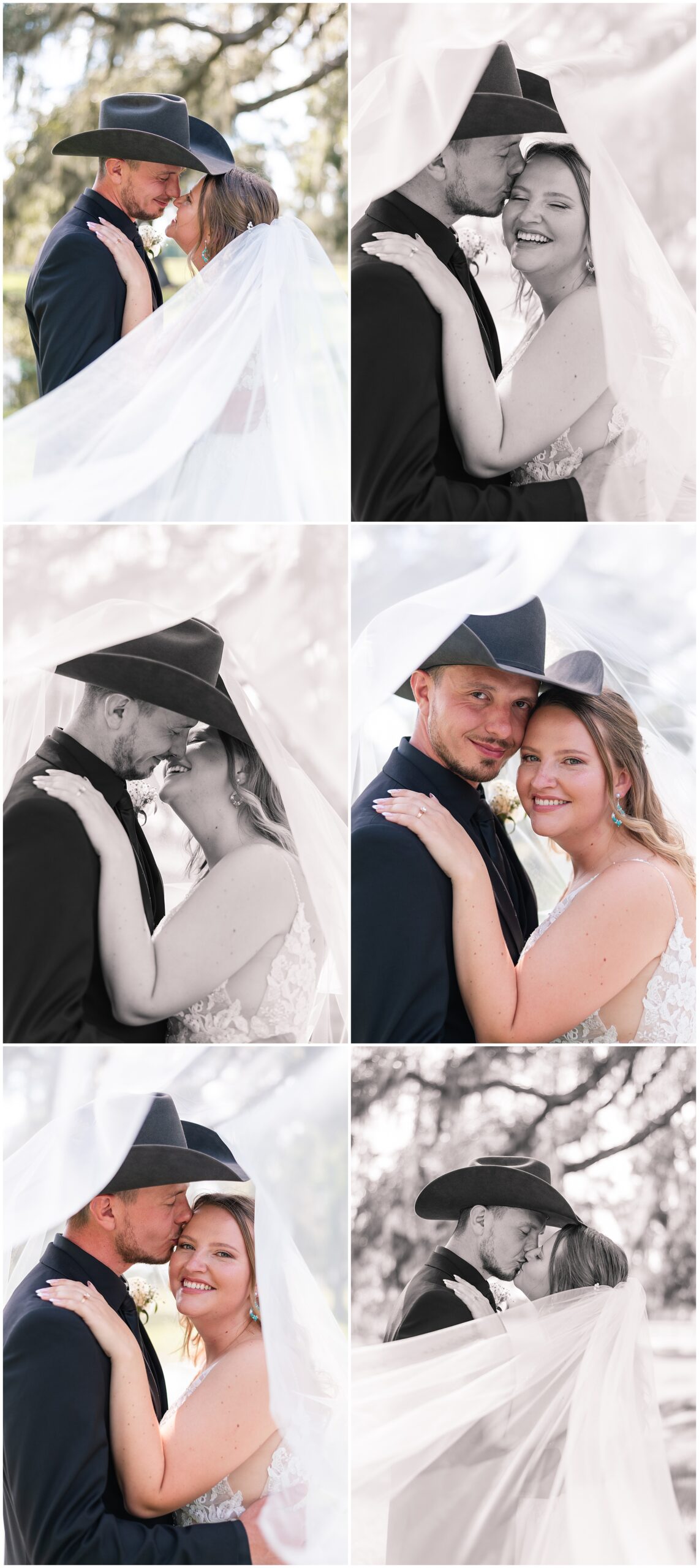 Up close photos of a bride and groom underneath the bride's veil laughing, smiling and kissing at their Ocala Wedding at Protea Weddings and Events. 
